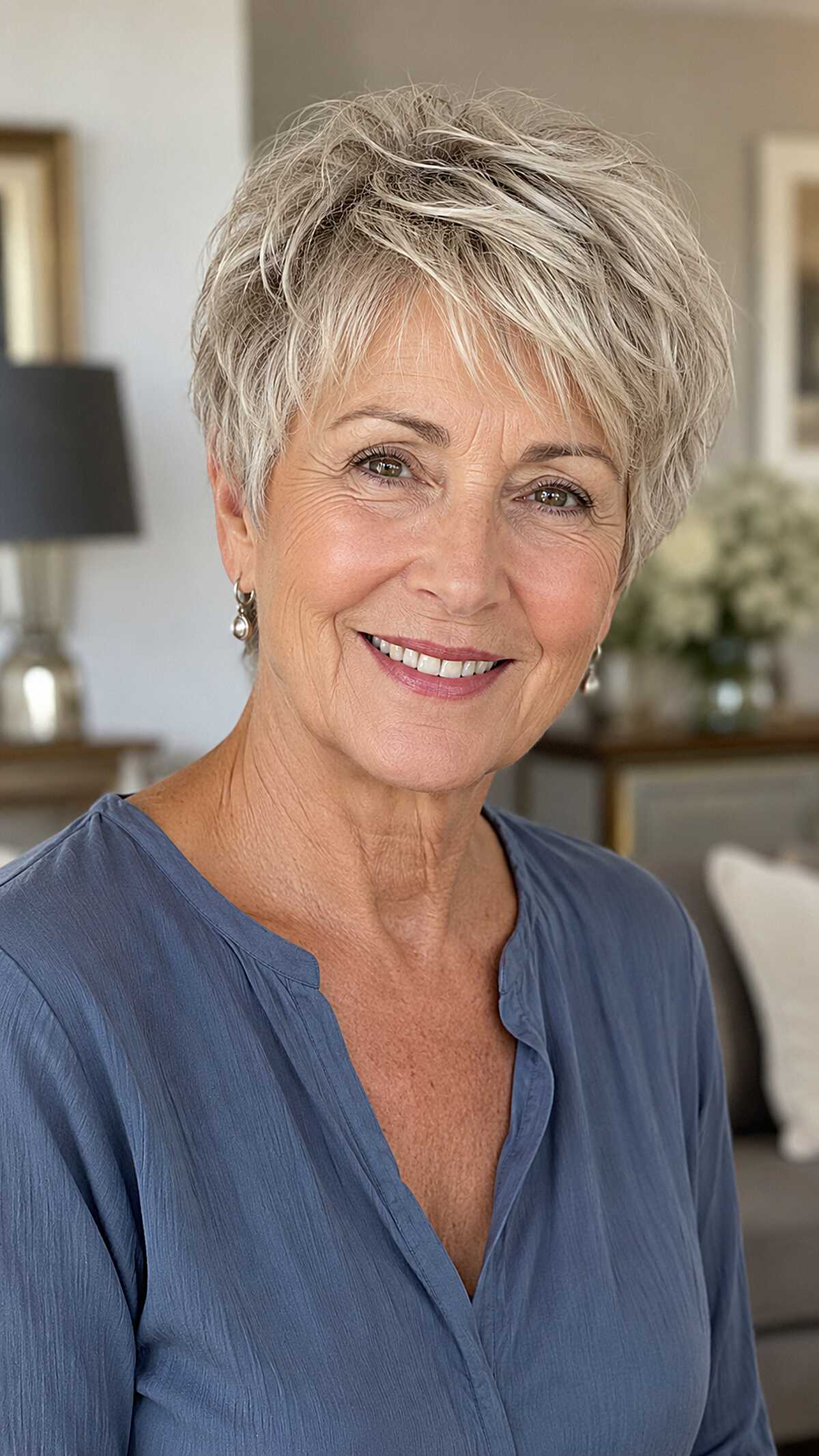 Ash blonde highlighted pixie with piecey textured layers