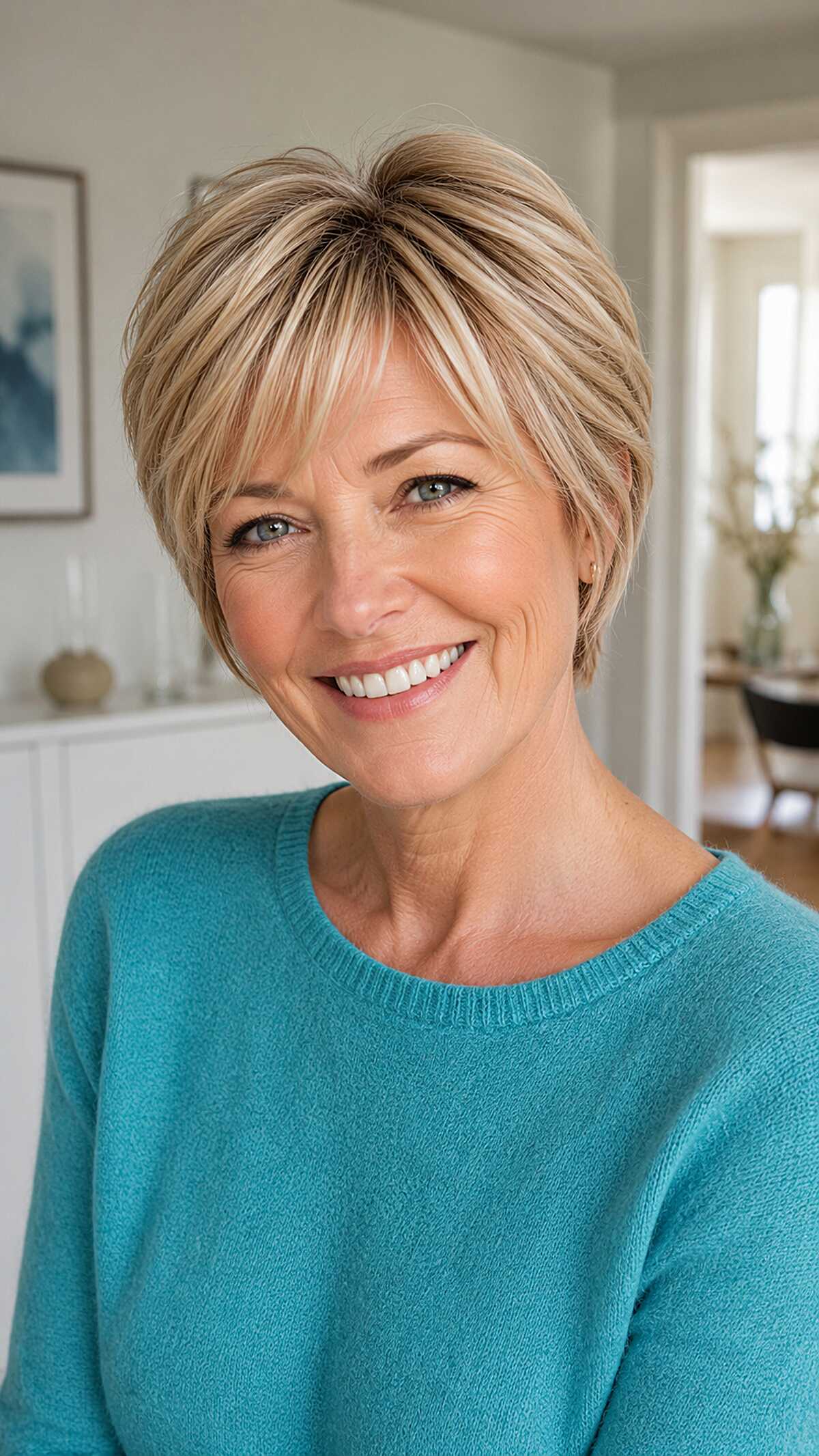 Short Blonde Highlighted Bixie with Sleek Finish