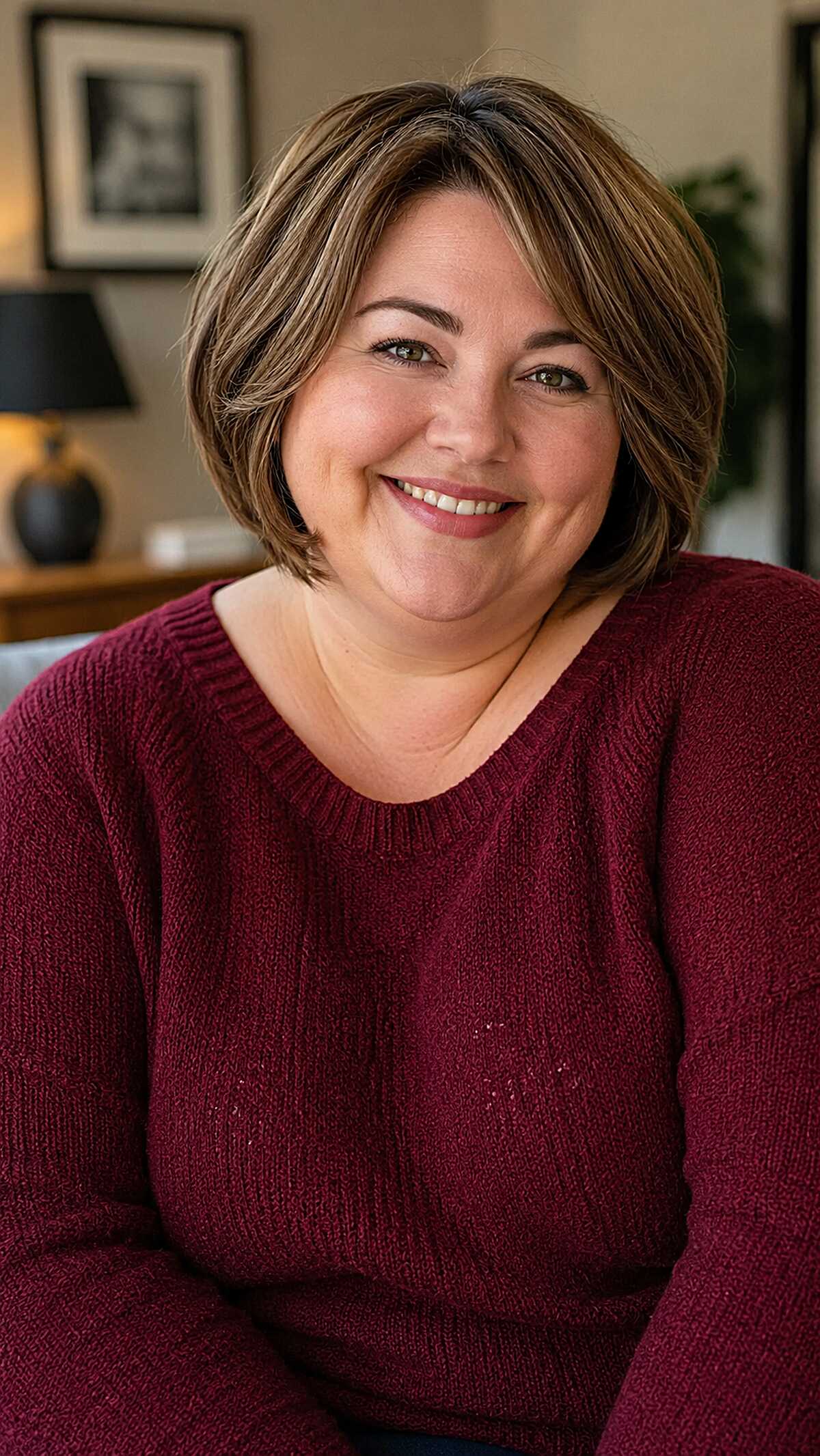 Short layered bob with blonde highlights and side-swept bangs