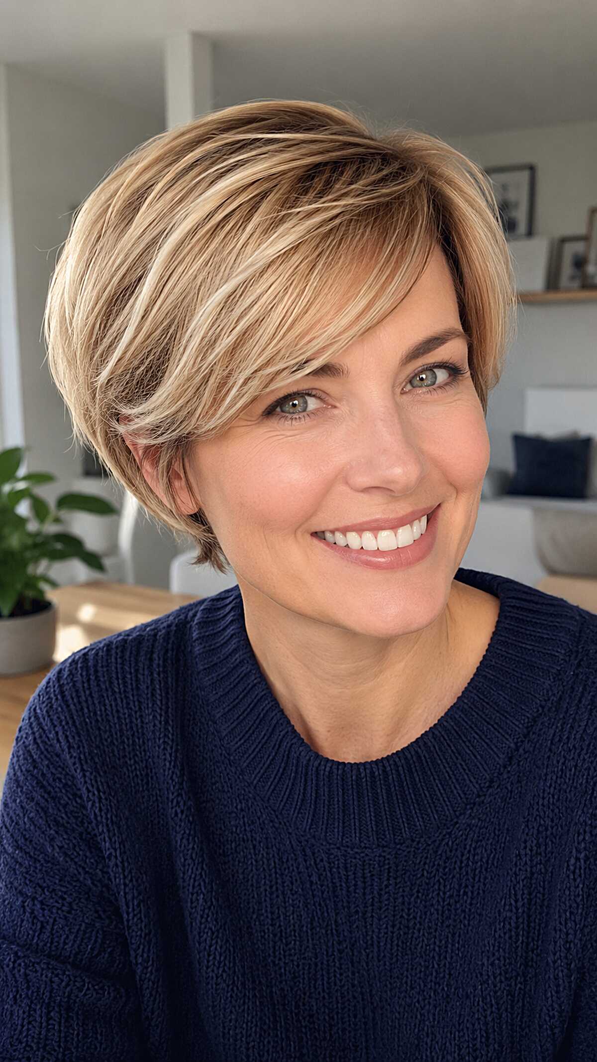 Honey Blonde Bixie with Deep Side Part and Lowlights