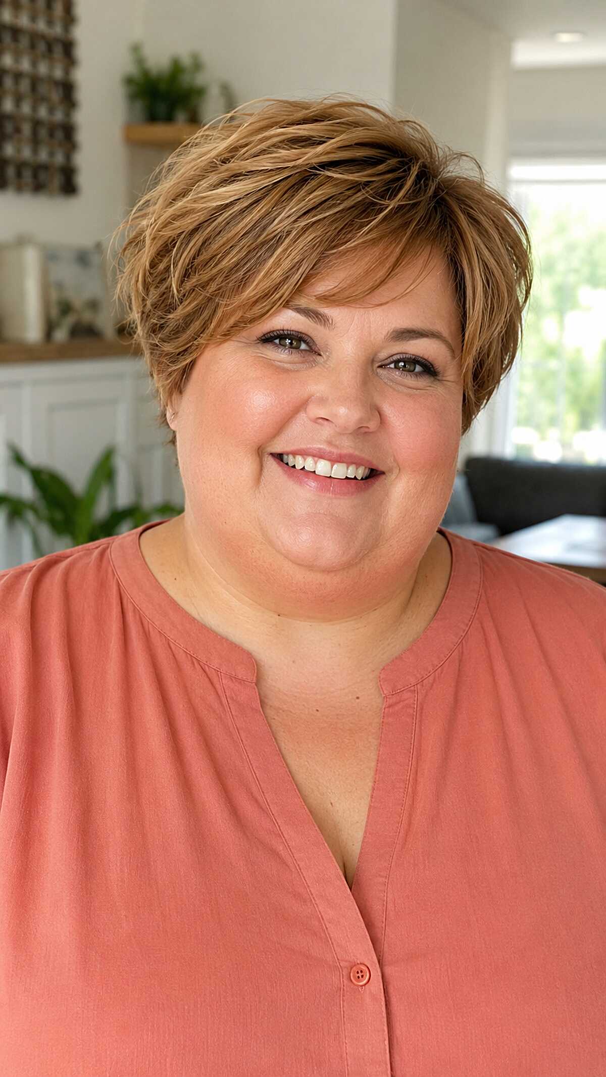 Textured honey blonde pixie with golden highlights and volume