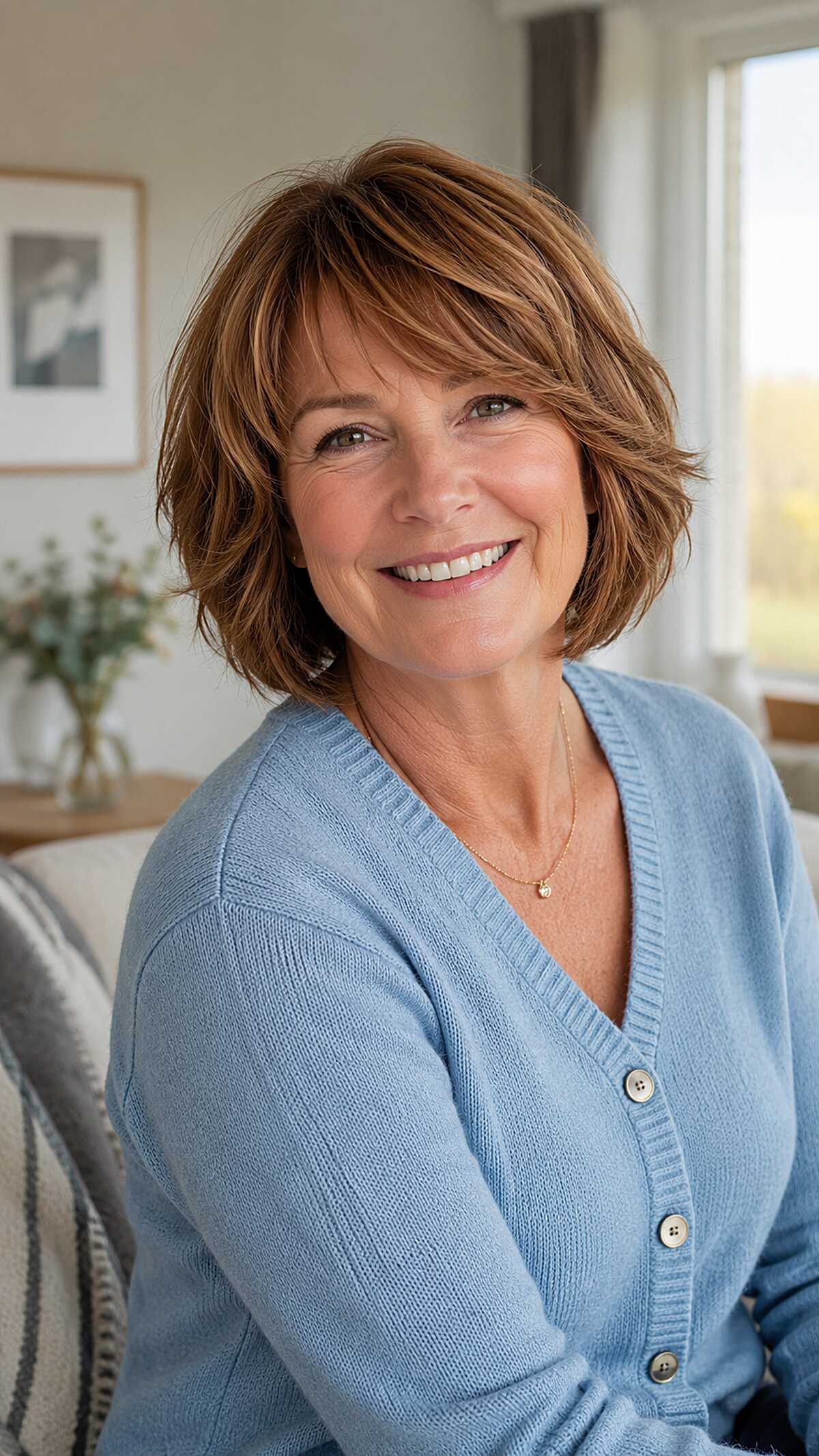Honey caramel layered frayed bob with flipped ends
