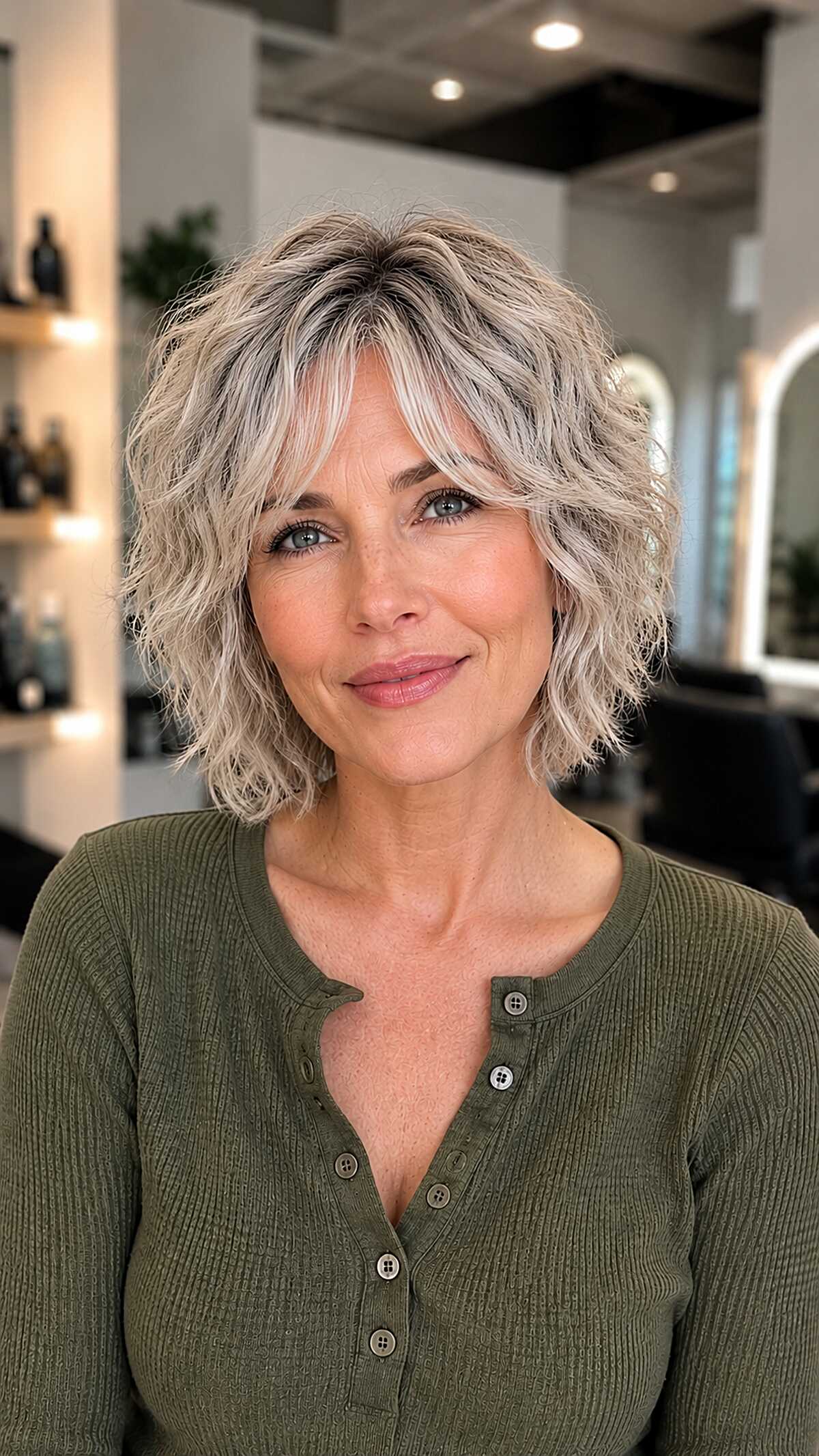 Icy Blonde Wavy Shag with Shadowed Roots
