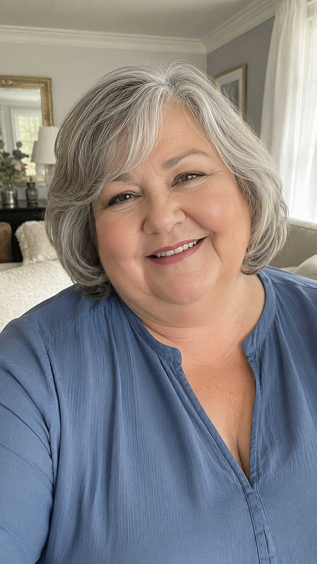 Layered chin-length gray bob with side-swept bangs