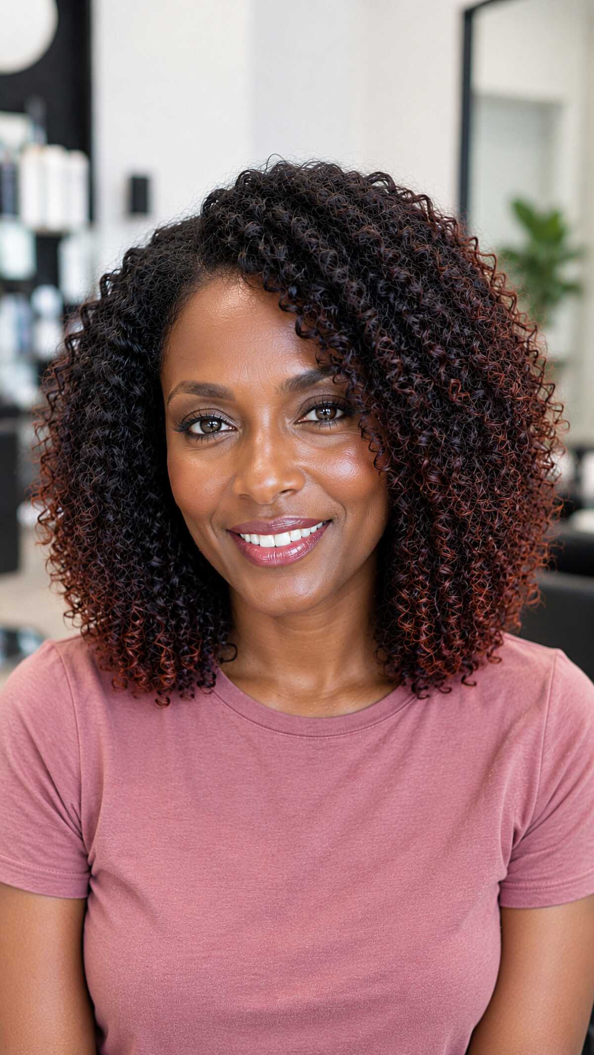 Layered Medium Curly Cut with Copper Ends