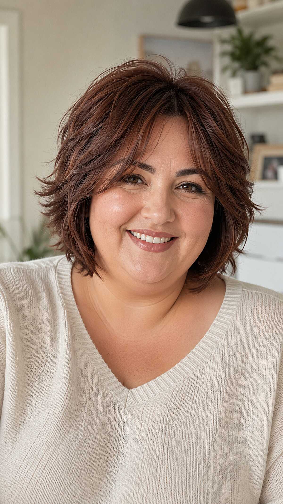 Layered auburn shag bob with face-framing pieces