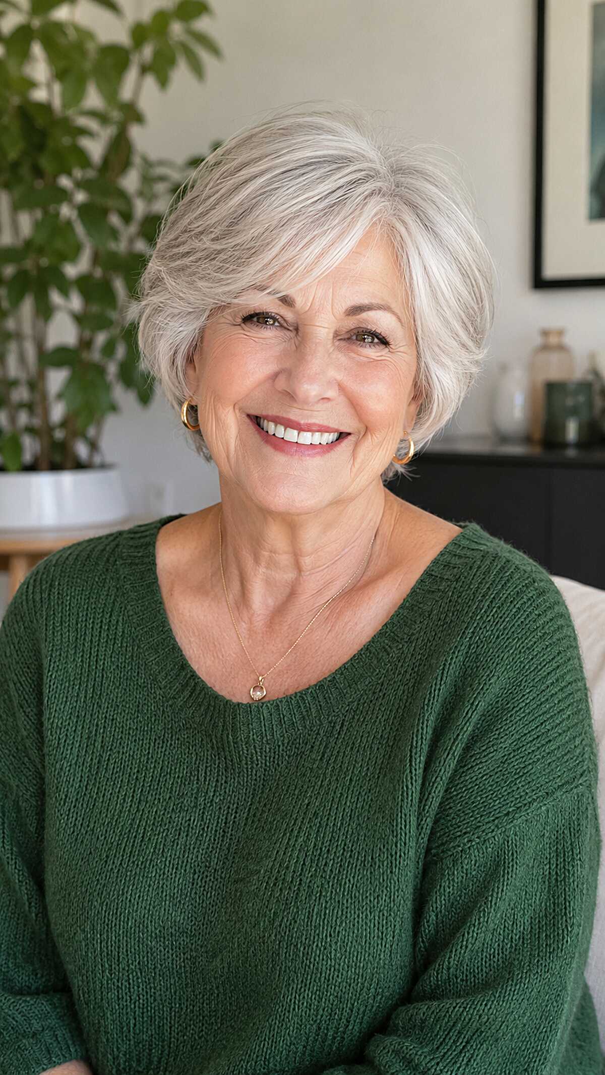 Layered silver bob with a sweeping side part