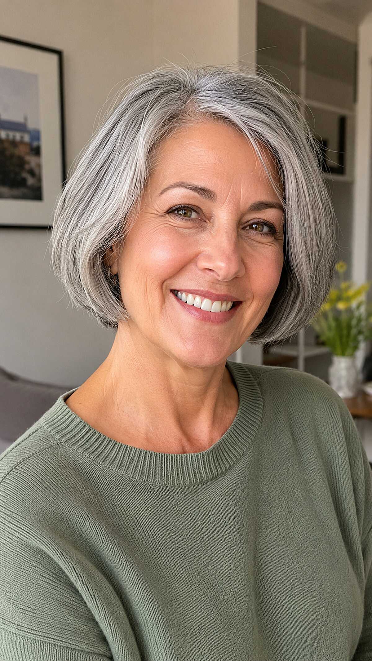 Chin-length salt and pepper bob with soft texture