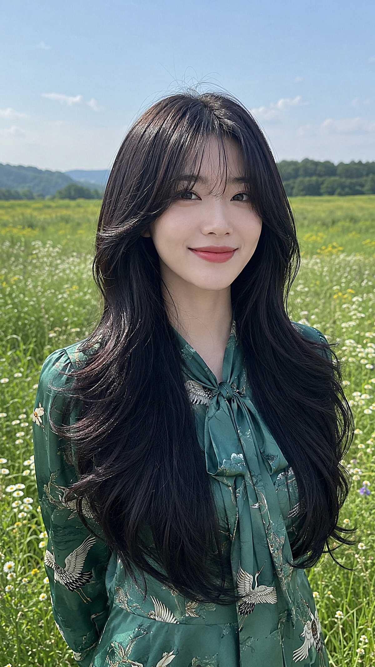 Windswept long black layered hair with airy bangs