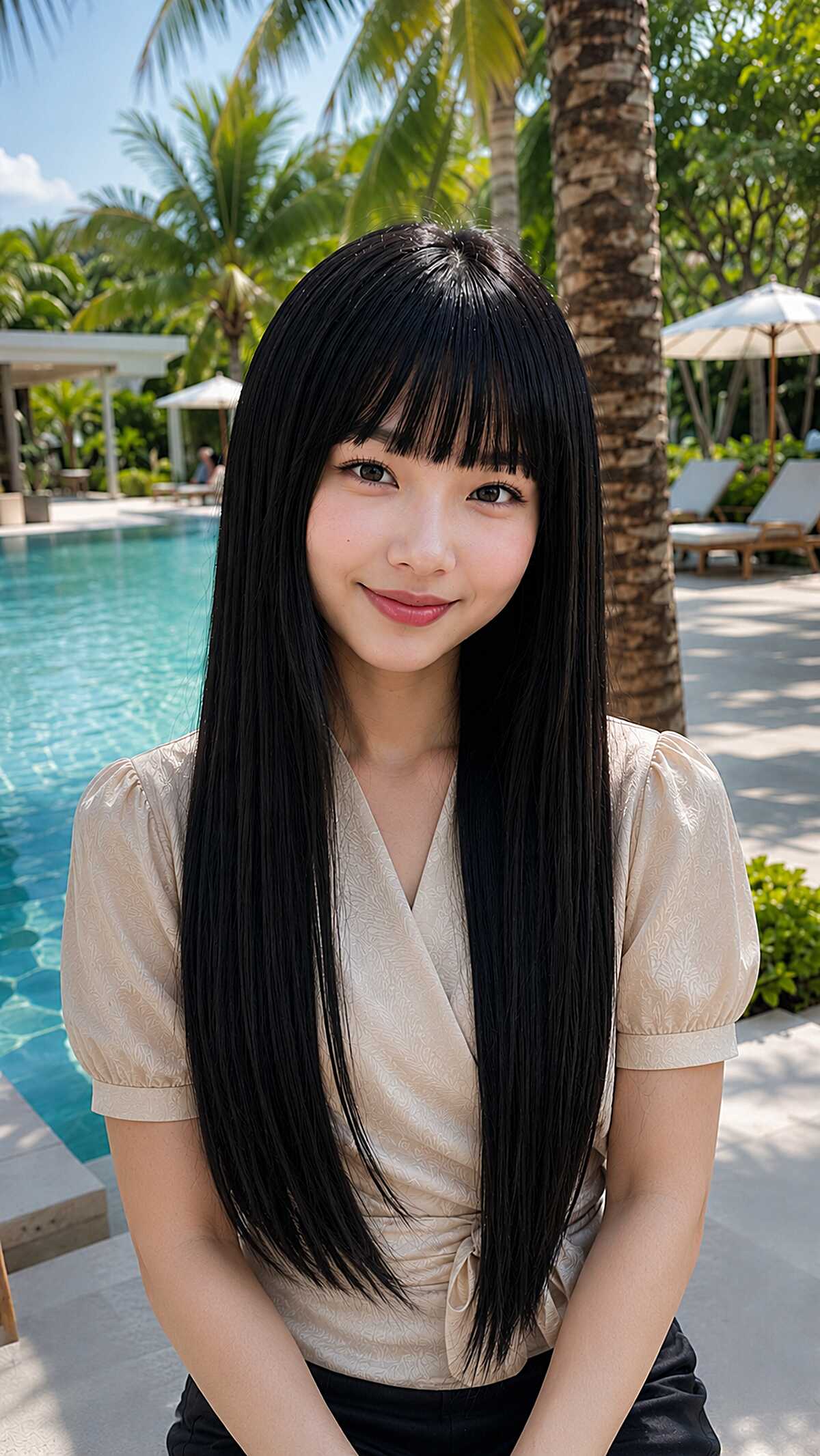 Ultra-straight long black hair with blunt bangs