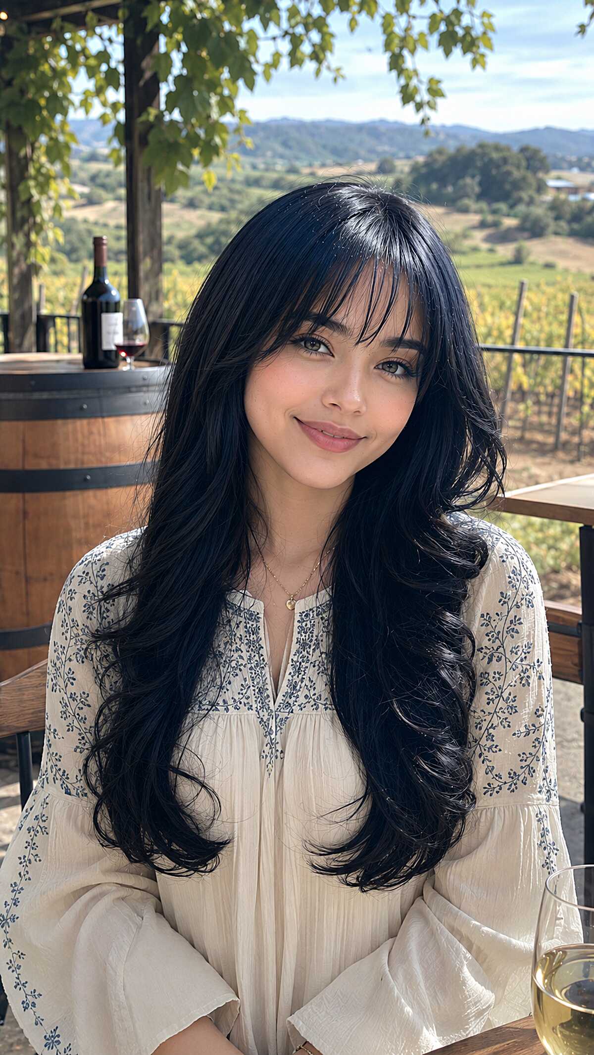 Long layered black hair with wispy face-framing bangs