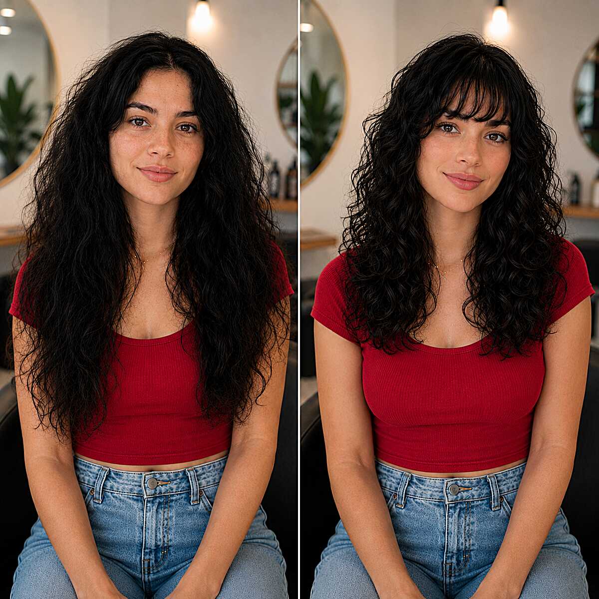 Before and after curly black hair shag cut with bangs