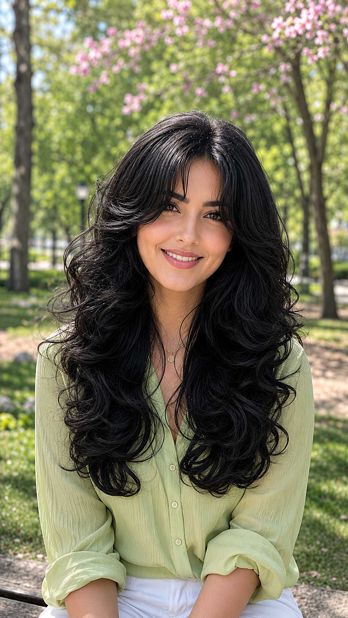Full voluminous black curls with soft curtain bangs