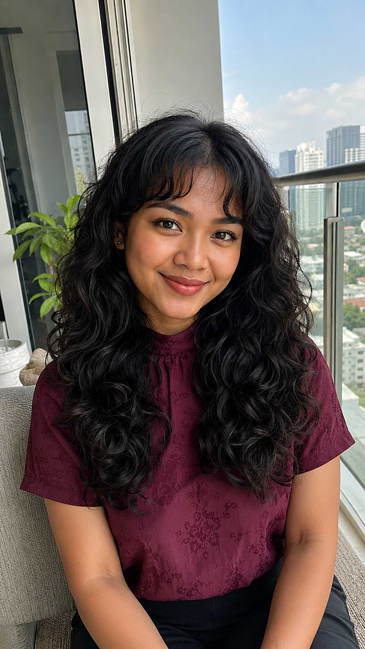 Long curly black hair with a curly fringe