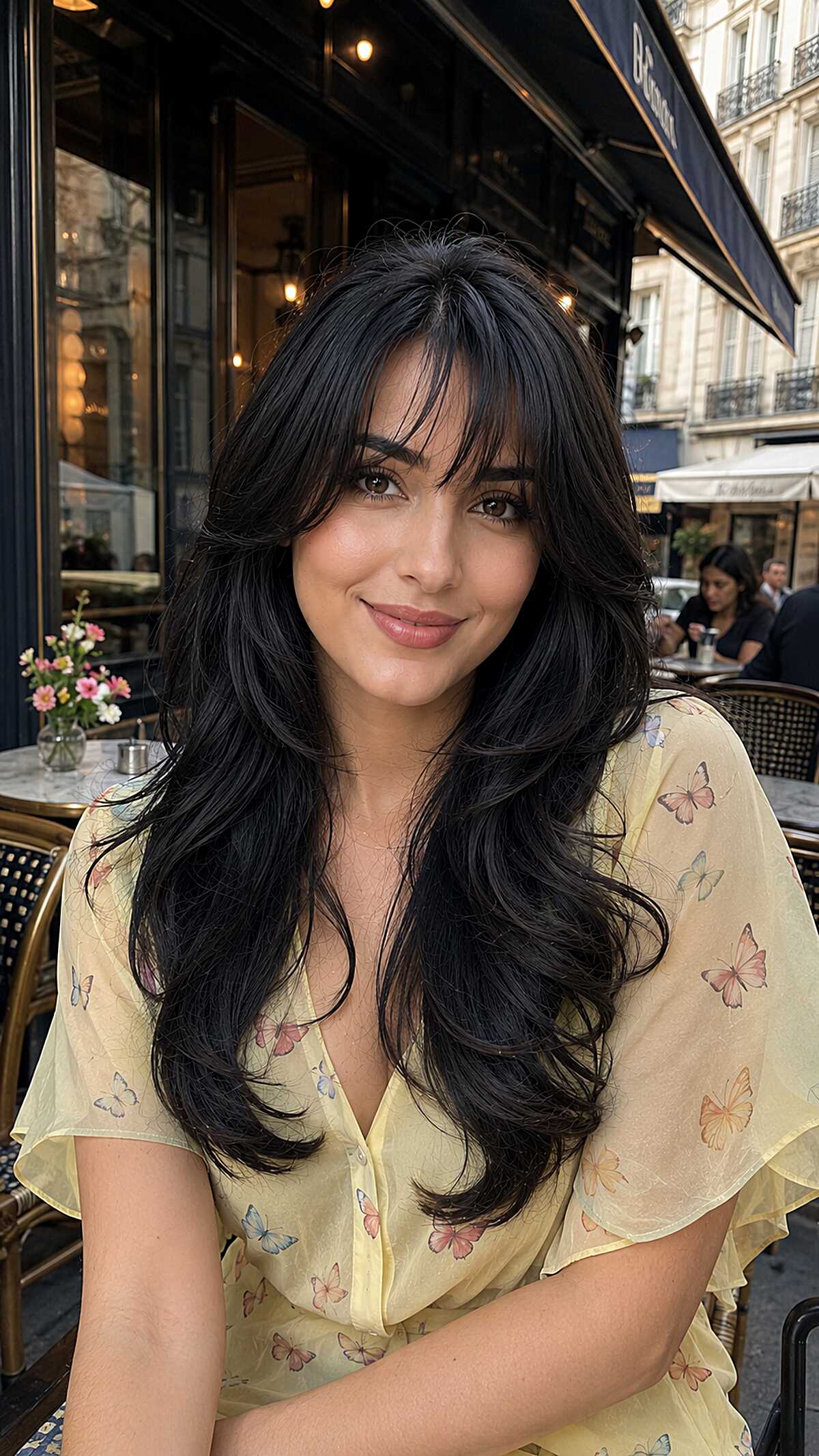 Dense wavy black hair with curtain bangs at a café