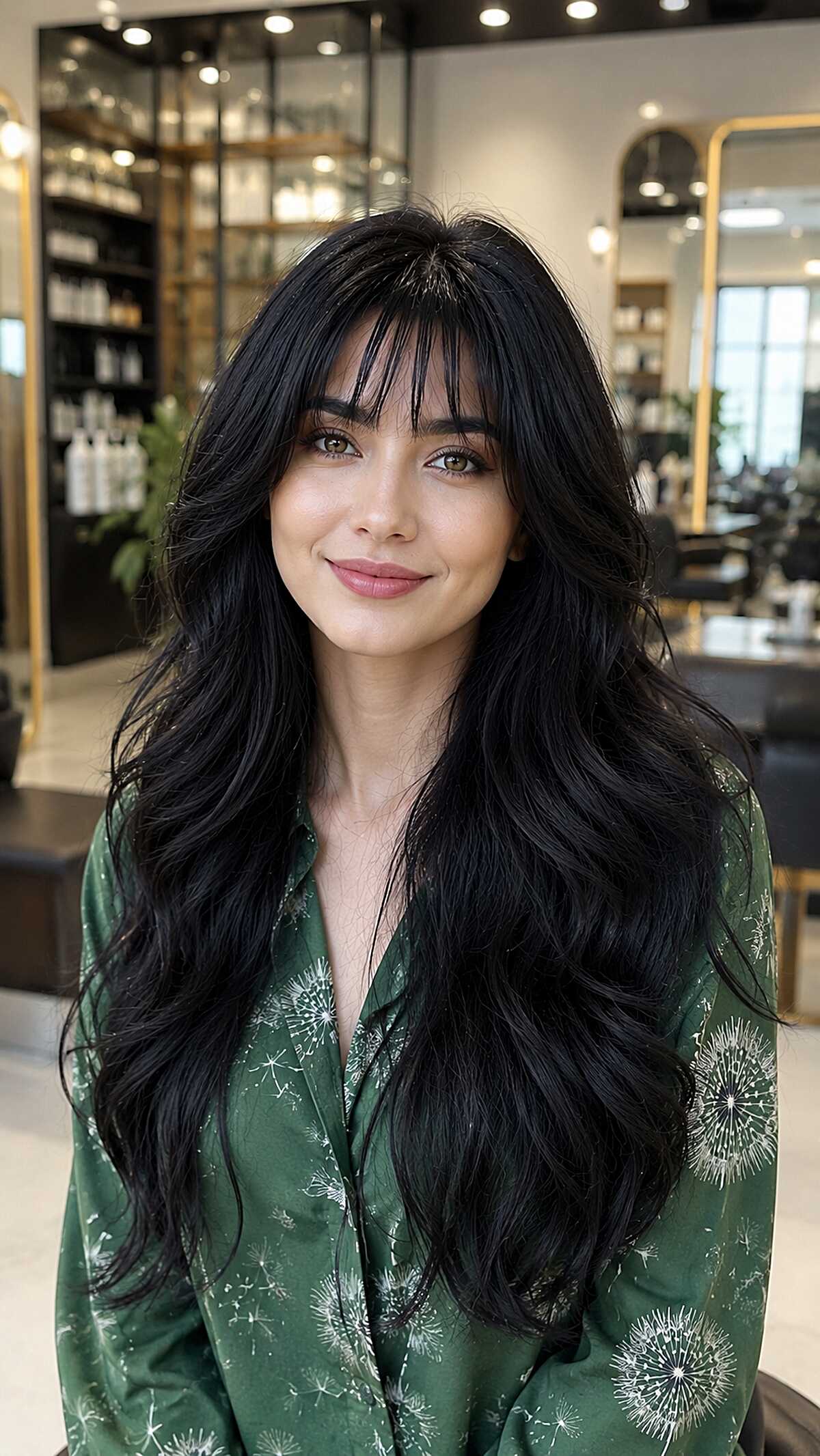 Long black hair with piecey bangs and body waves