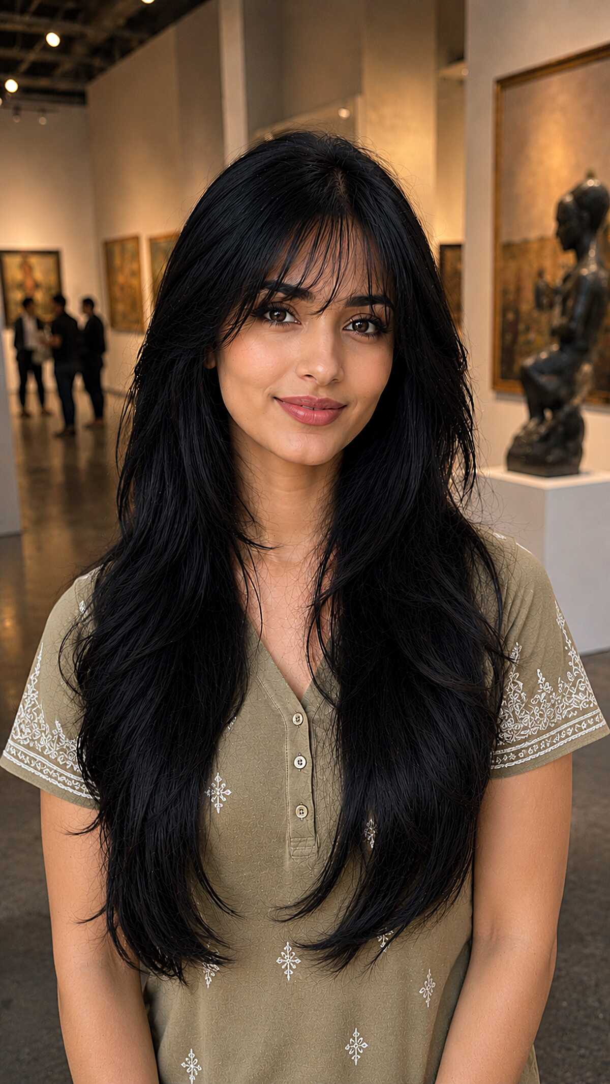 Long black shaggy layers with side-swept bangs