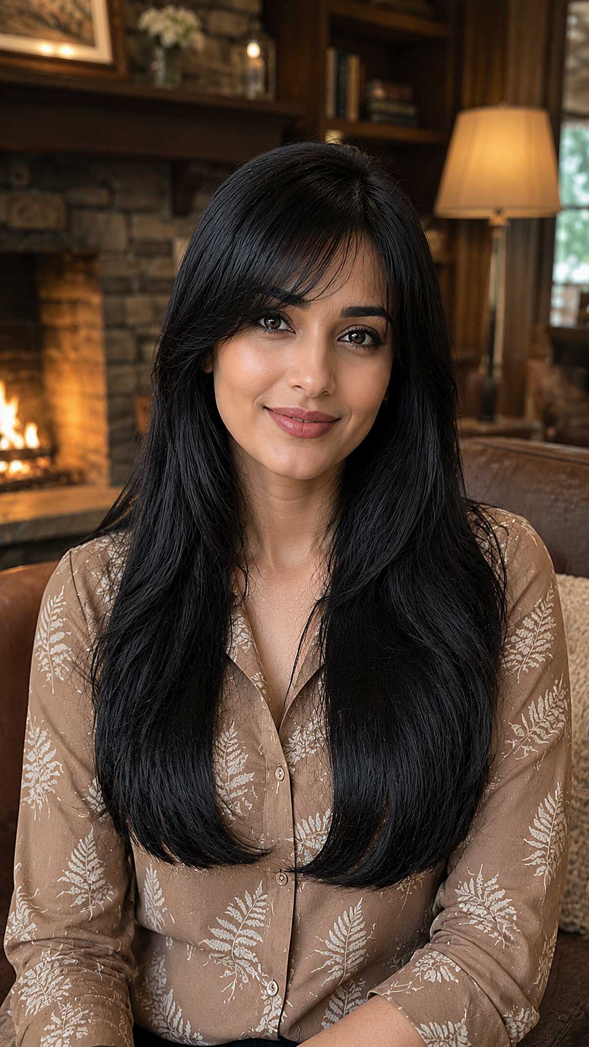 Long black hair with side-parted bangs and smooth ends