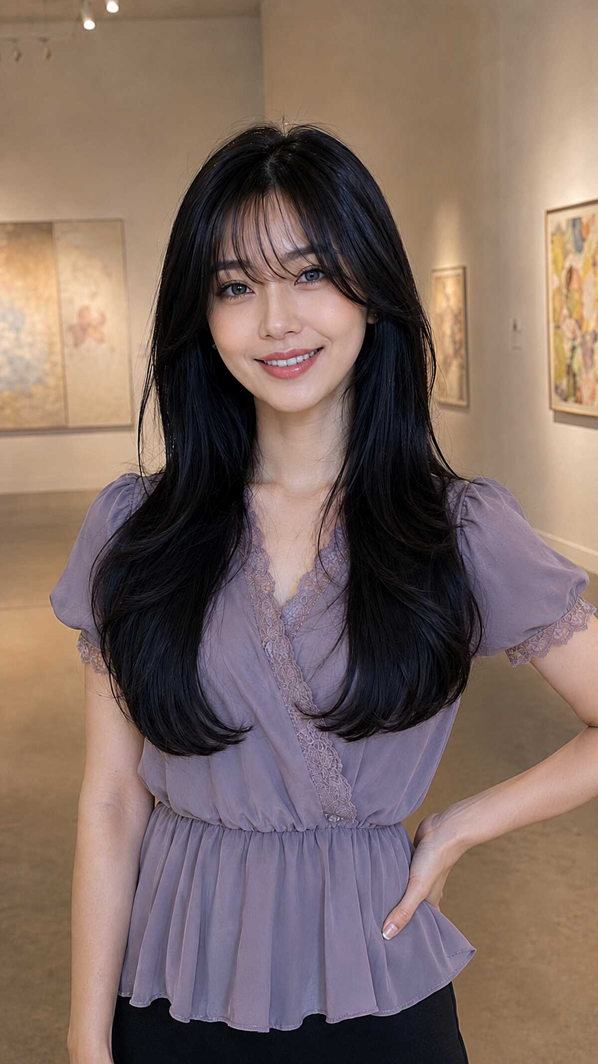 Long sleek black hair with soft wispy bangs