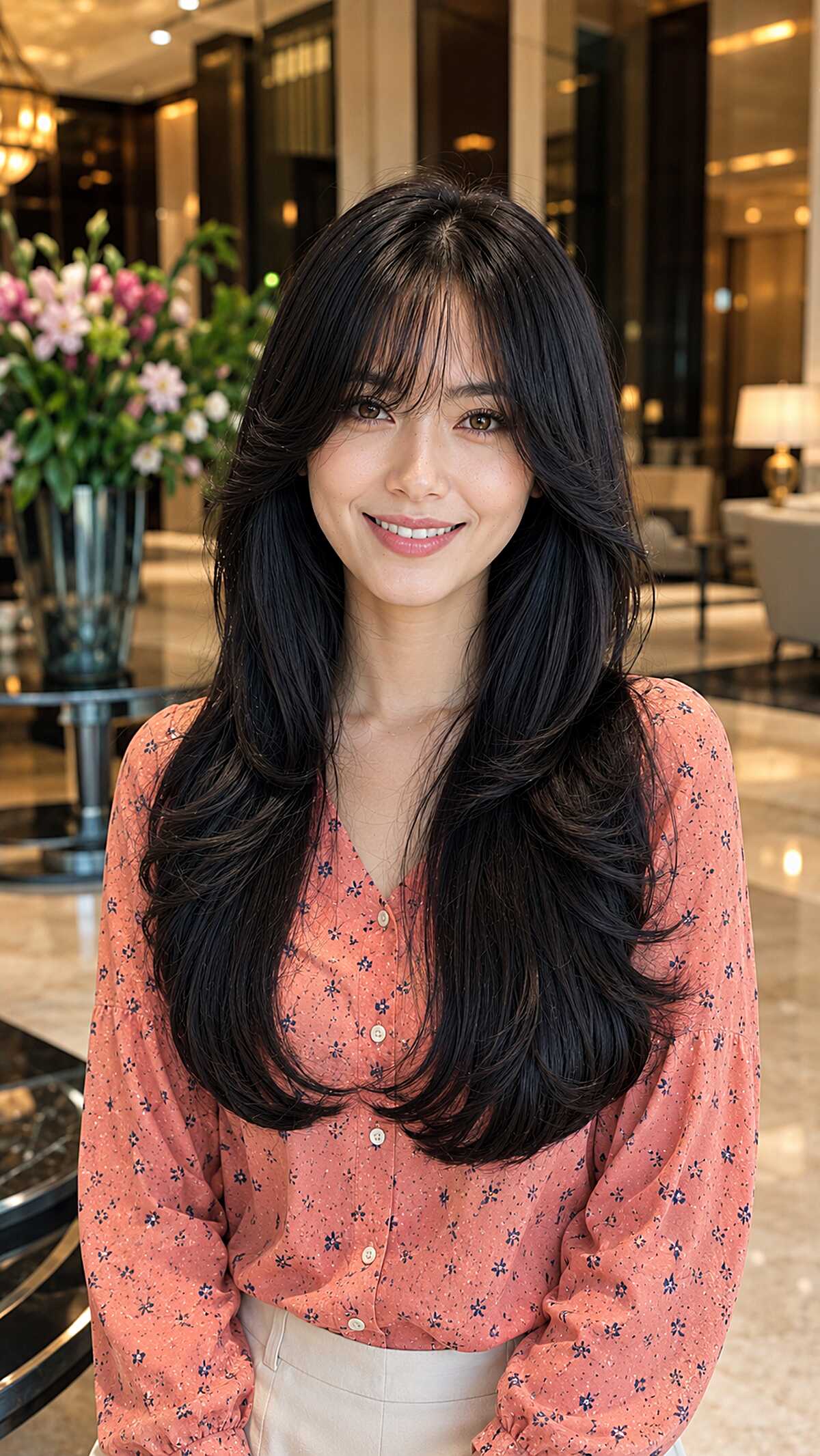 Long black feathered hair with swooping curtain bangs