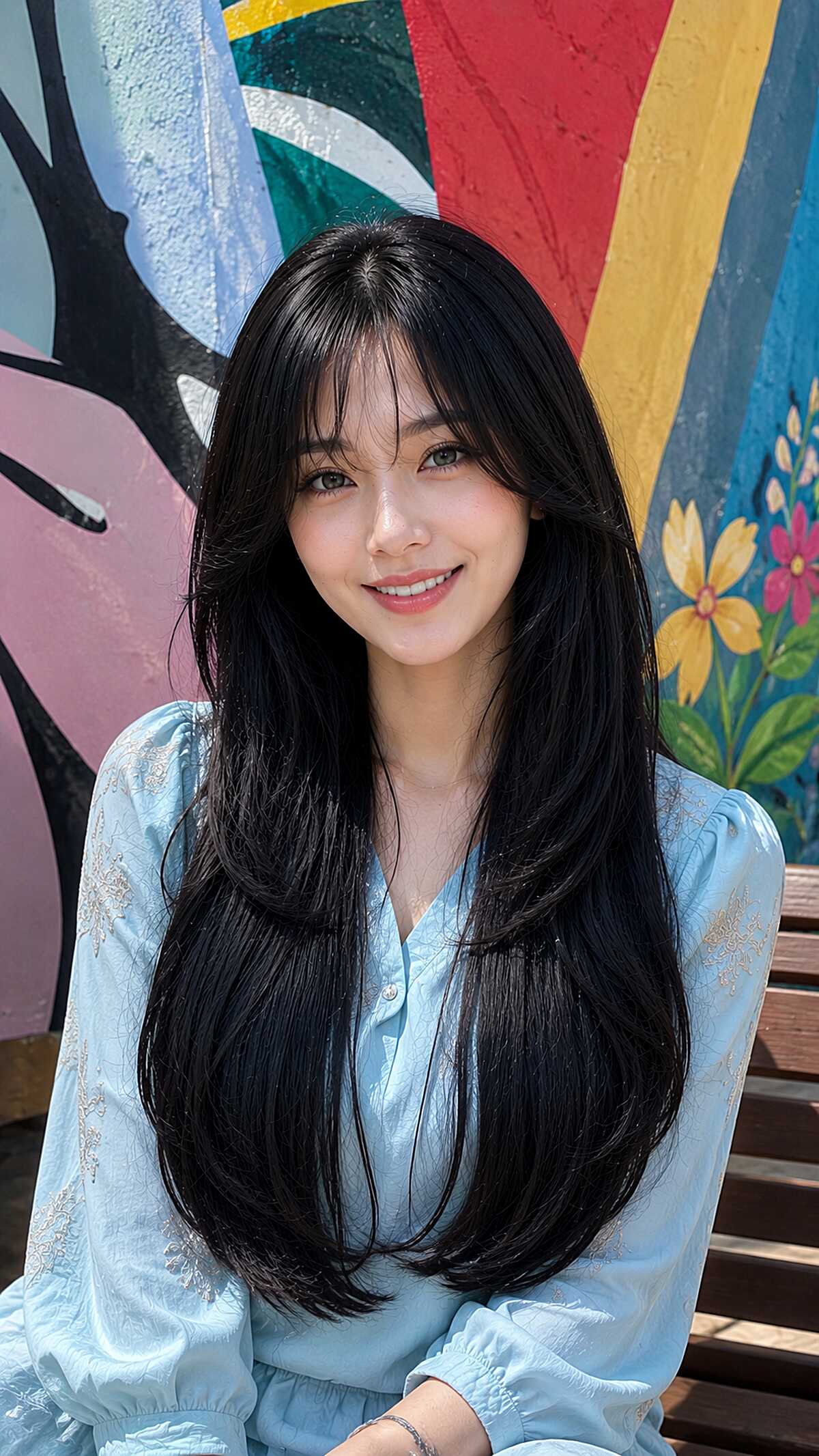 Long straight black hair with tapered curtain fringe
