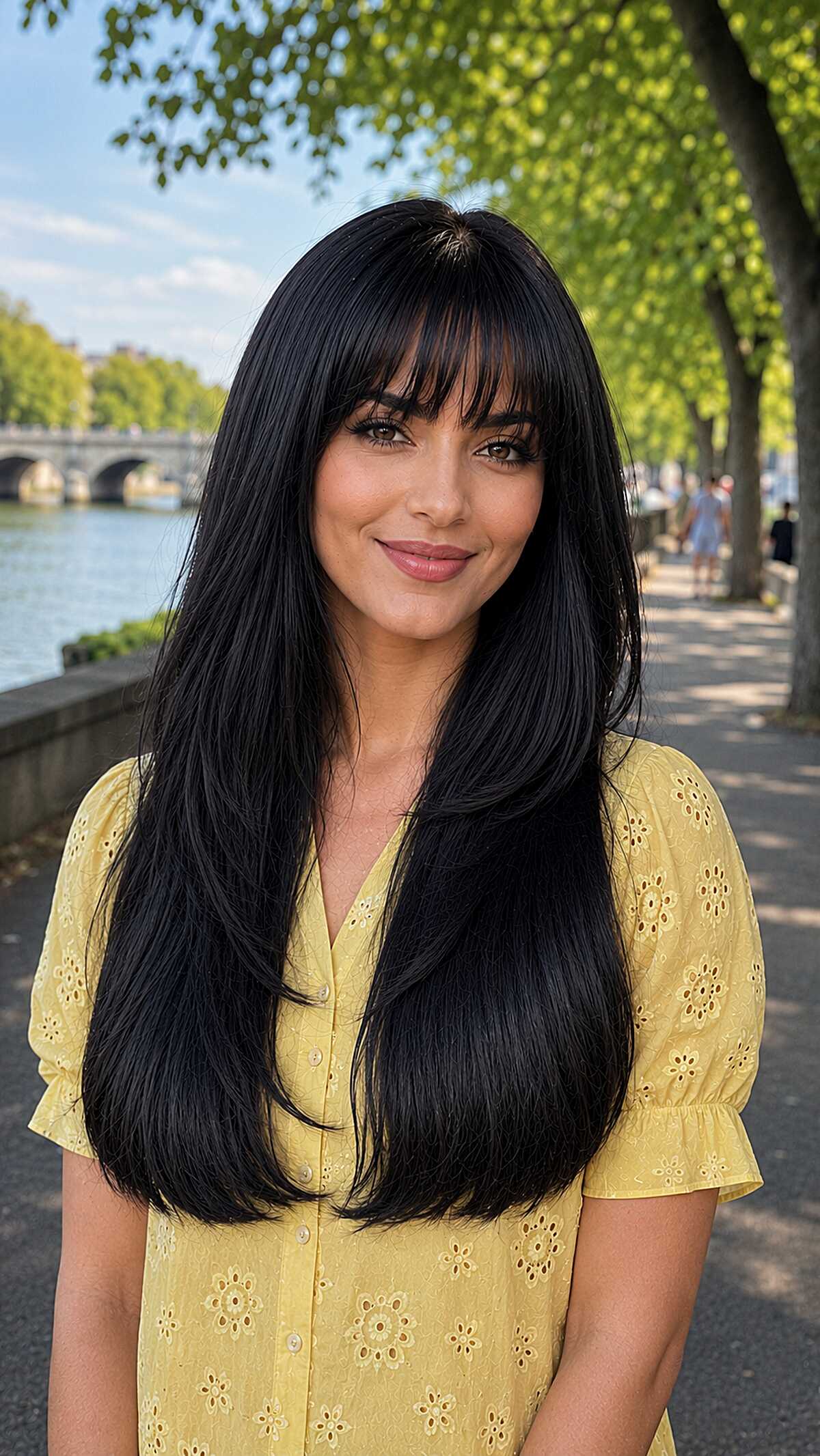 Long black hair with thick arched bangs and tapered ends