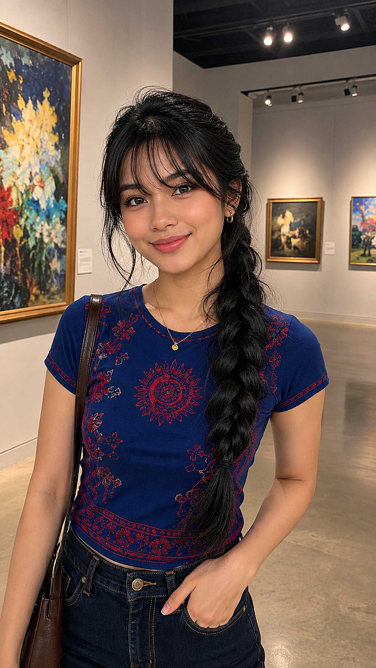 Long black side braid with wispy bangs