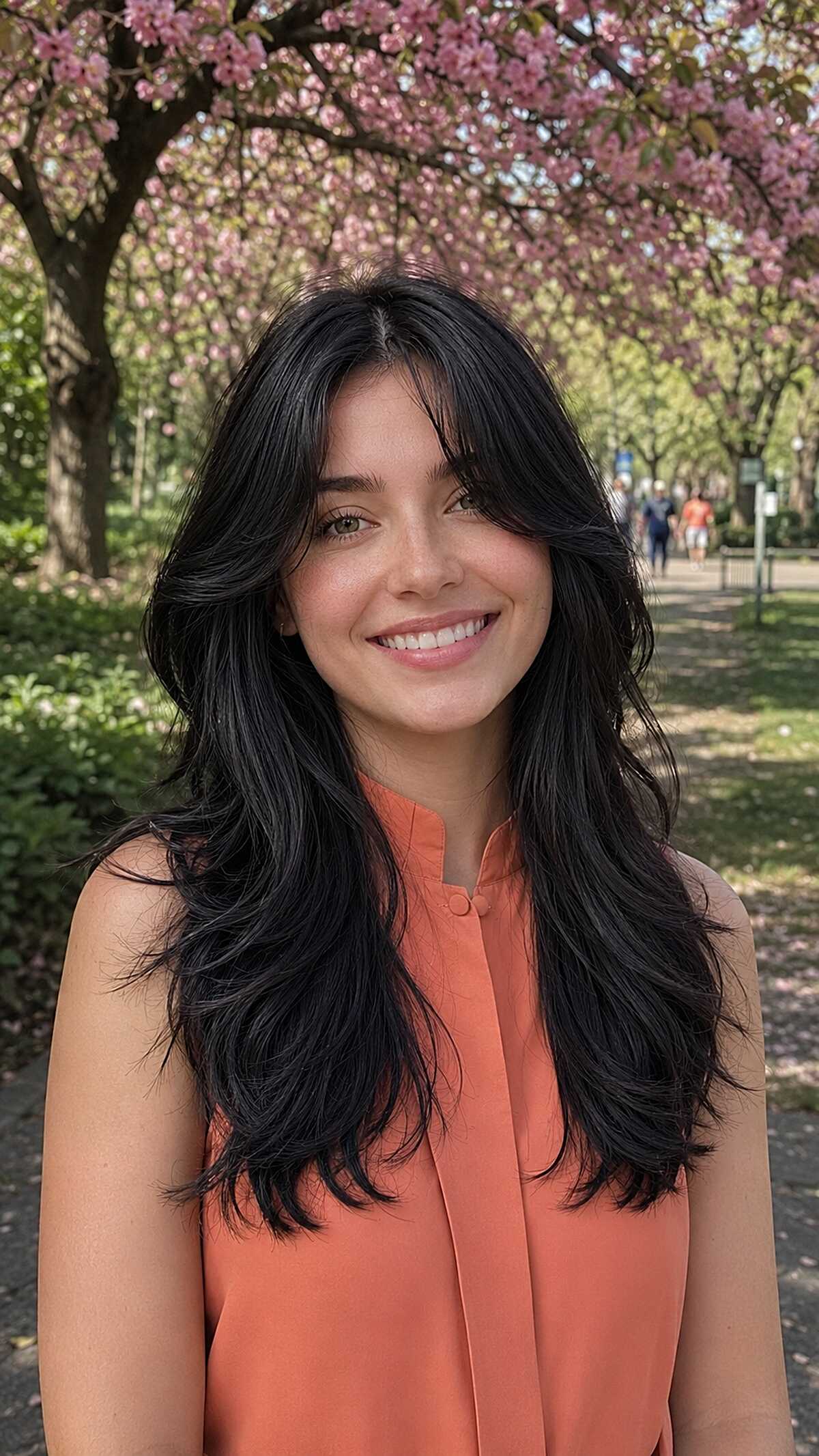 Tousled black hair with grown-out bangs and layers