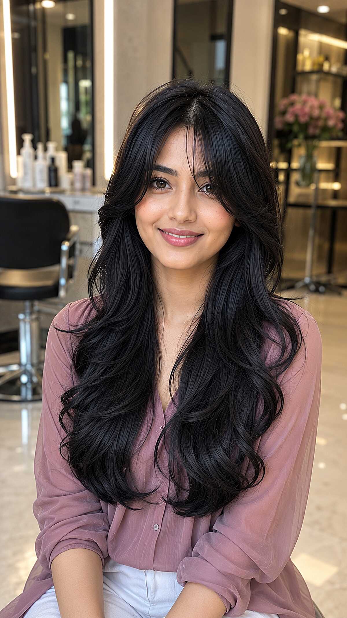 Voluminous blowout on long black hair with curtain bangs