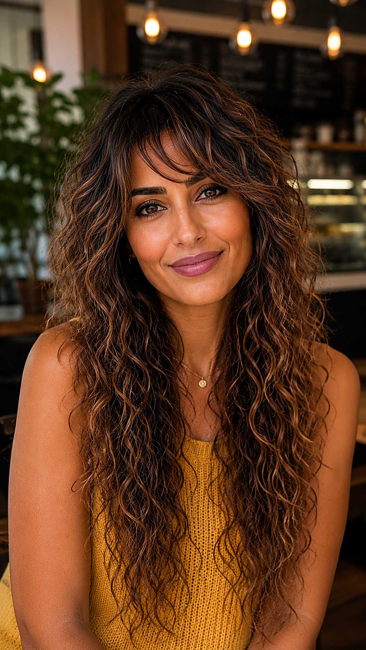 Long Curly Shag with Warm Caramel Dimension