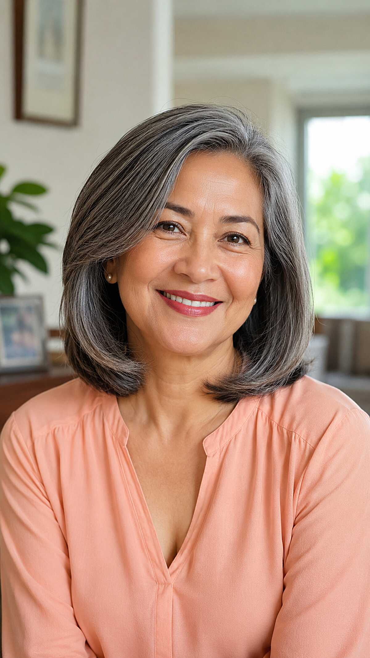 Longer gray bob with face-framing layers