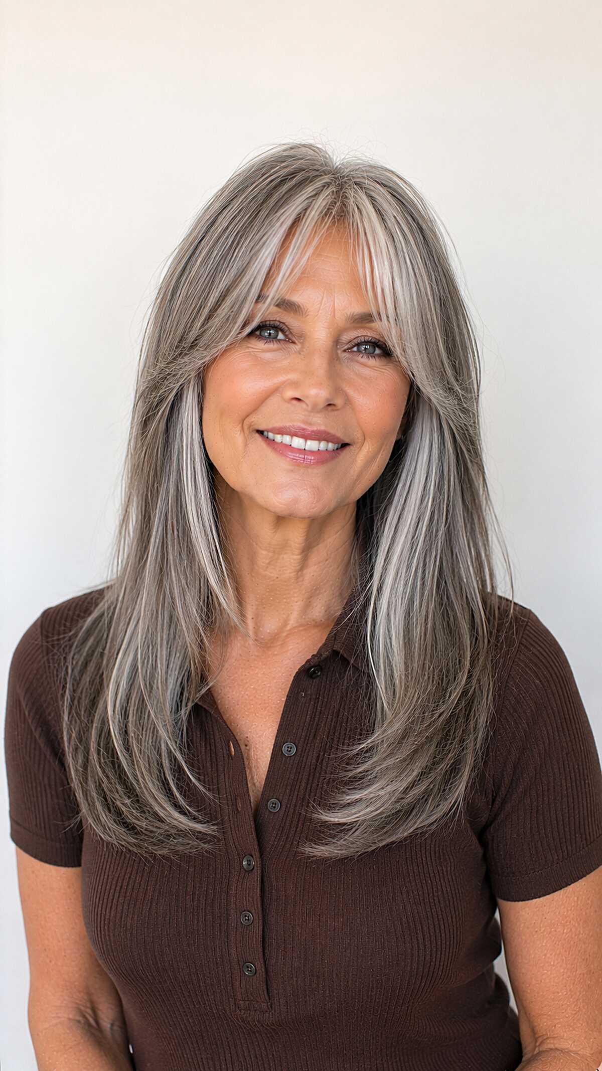 Long Layered Salt and Pepper with Curtain Bangs