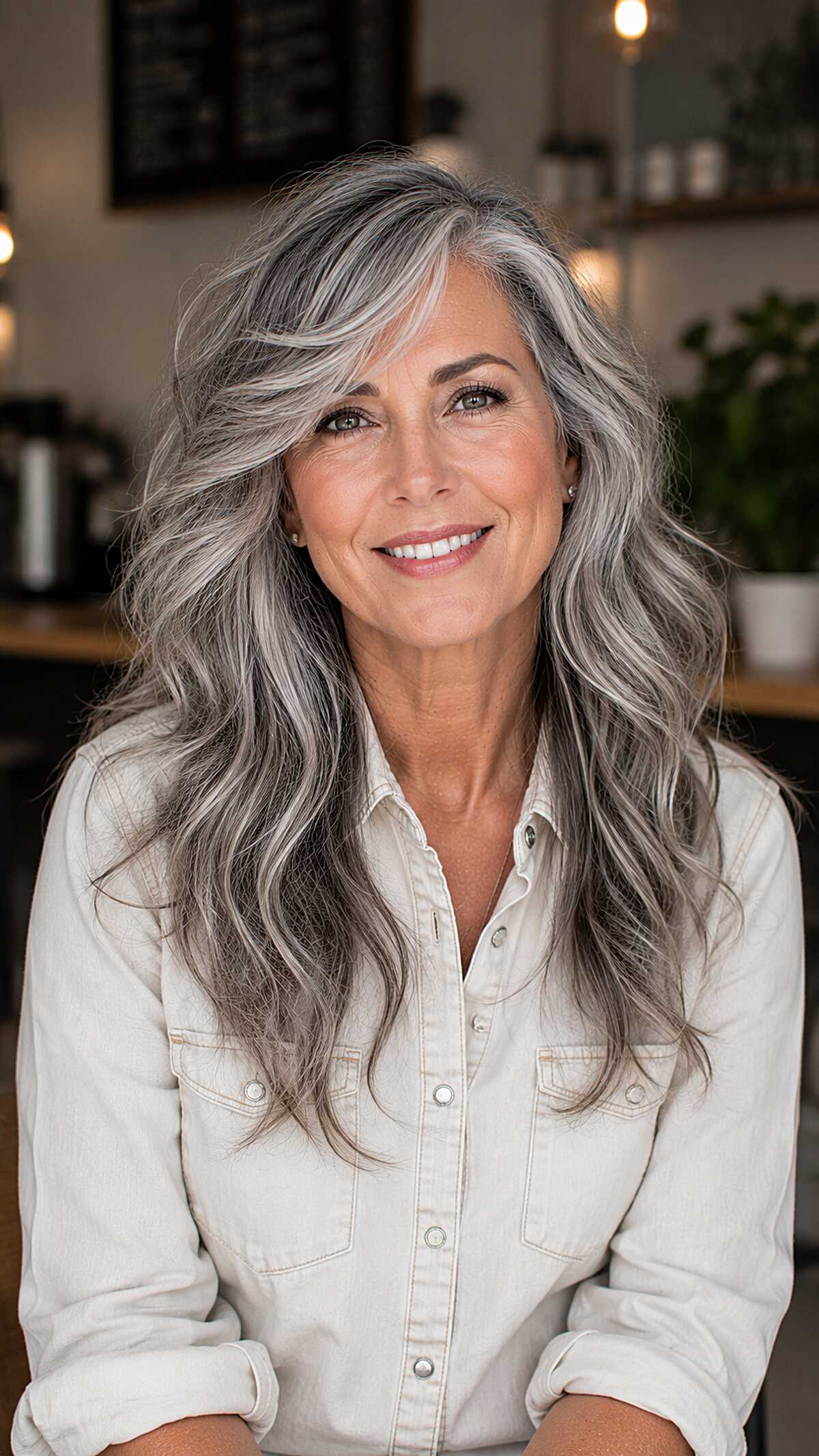 Long Wavy Silver Blend with Swooping Side Part