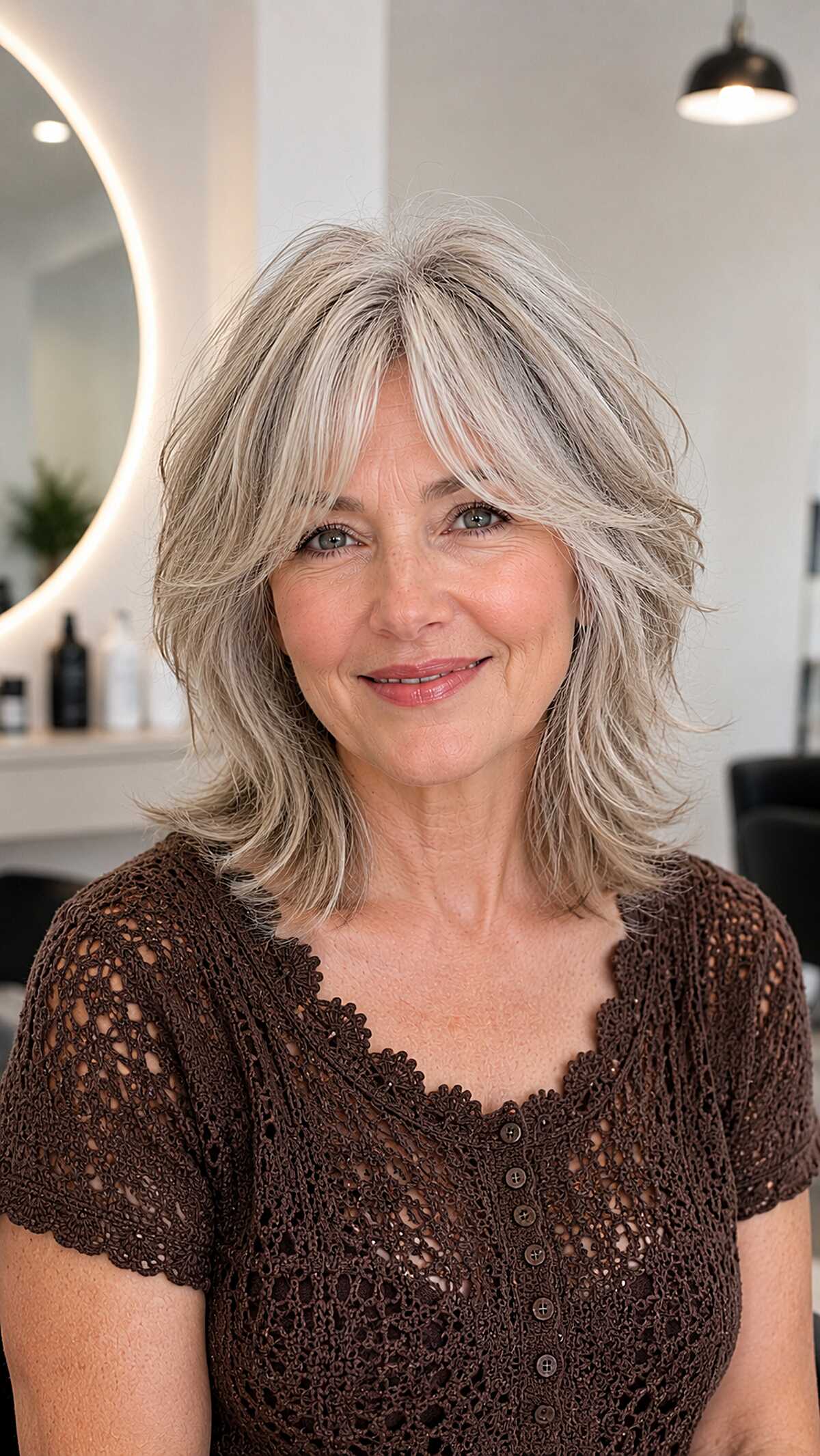 Natural Silver Shag with Flipped Layers and Soft Fringe