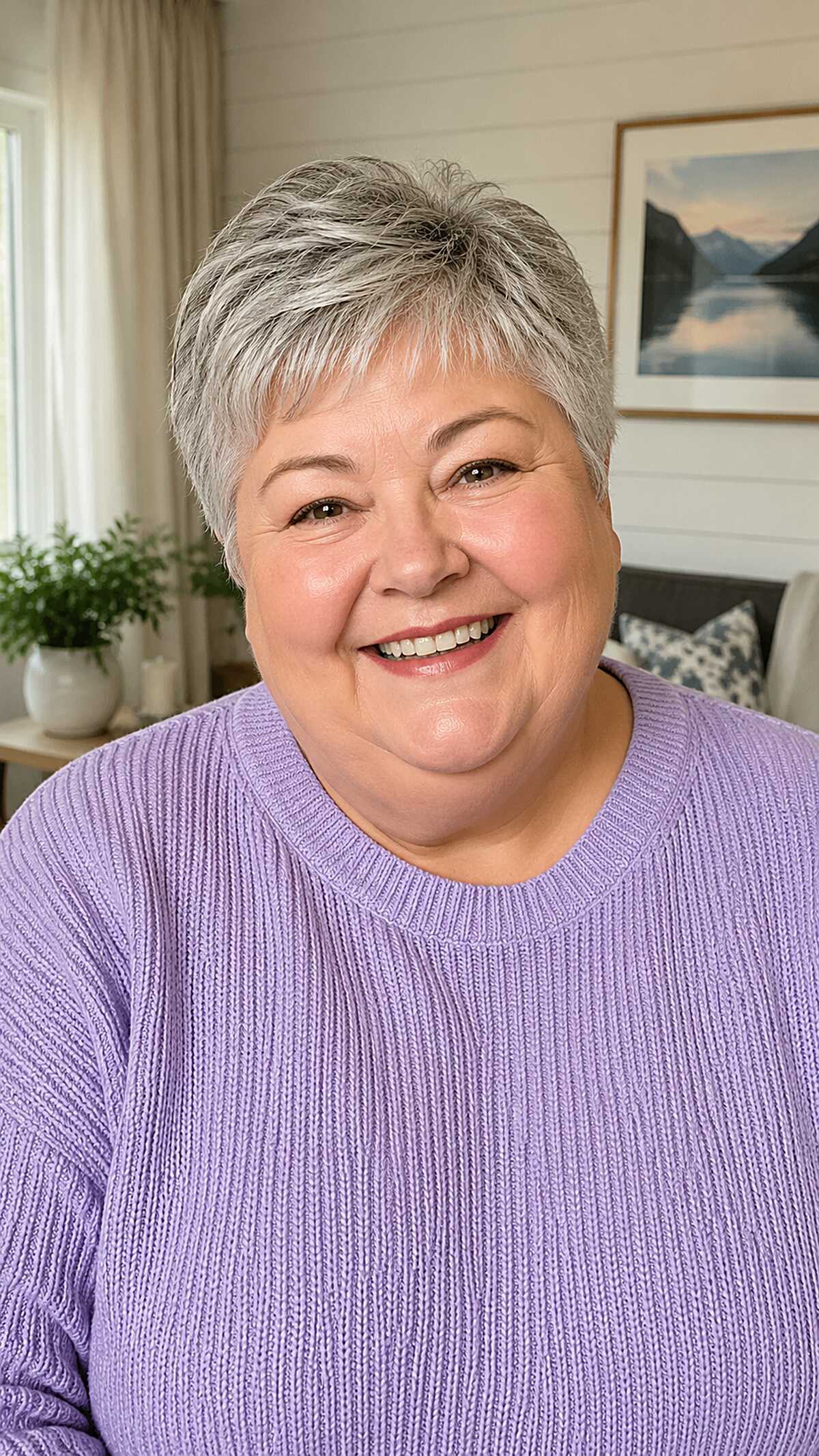 Neat silver pixie with soft side fringe on round face