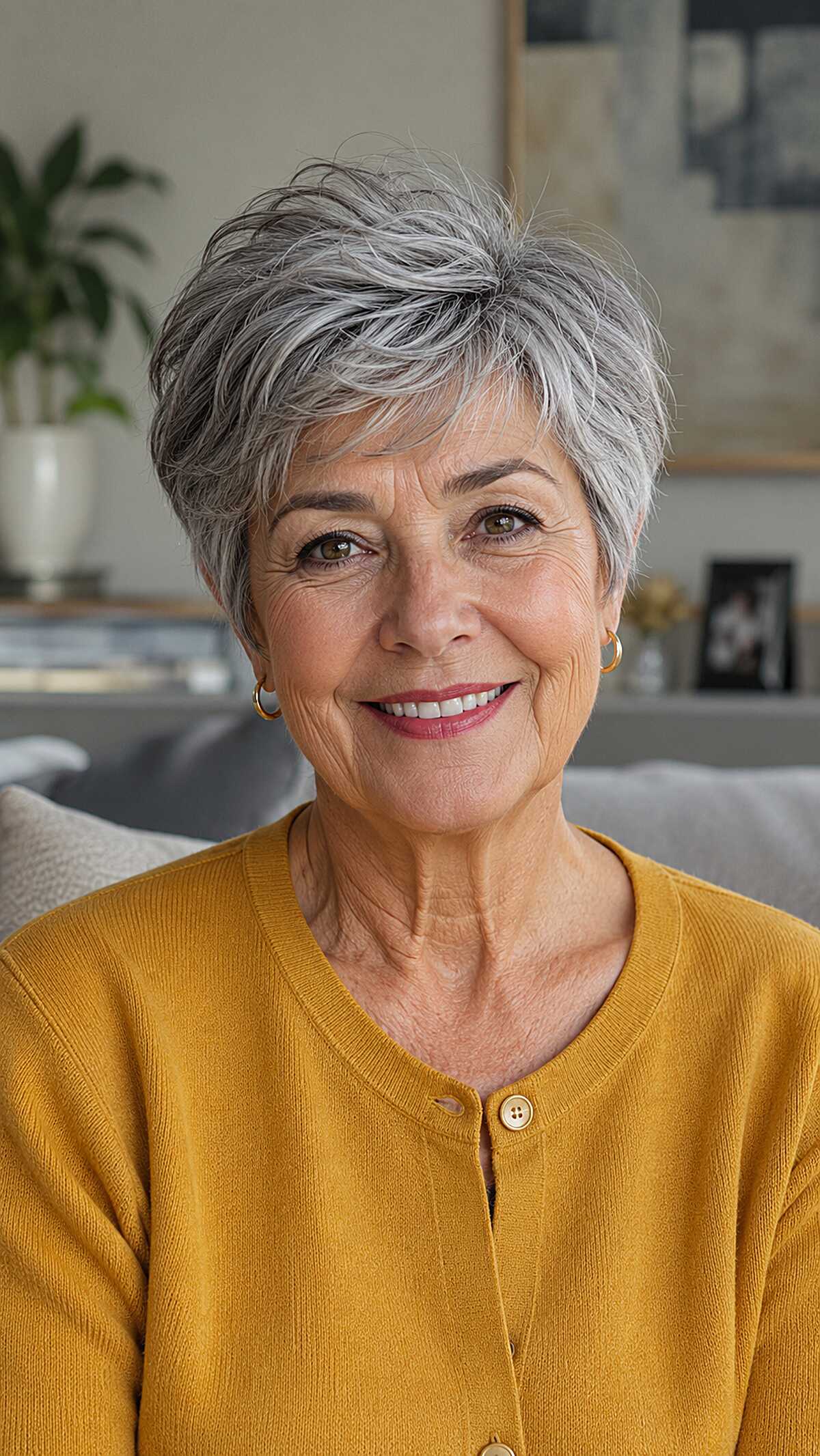 Pewter gray layered pixie with forward-swept pieces