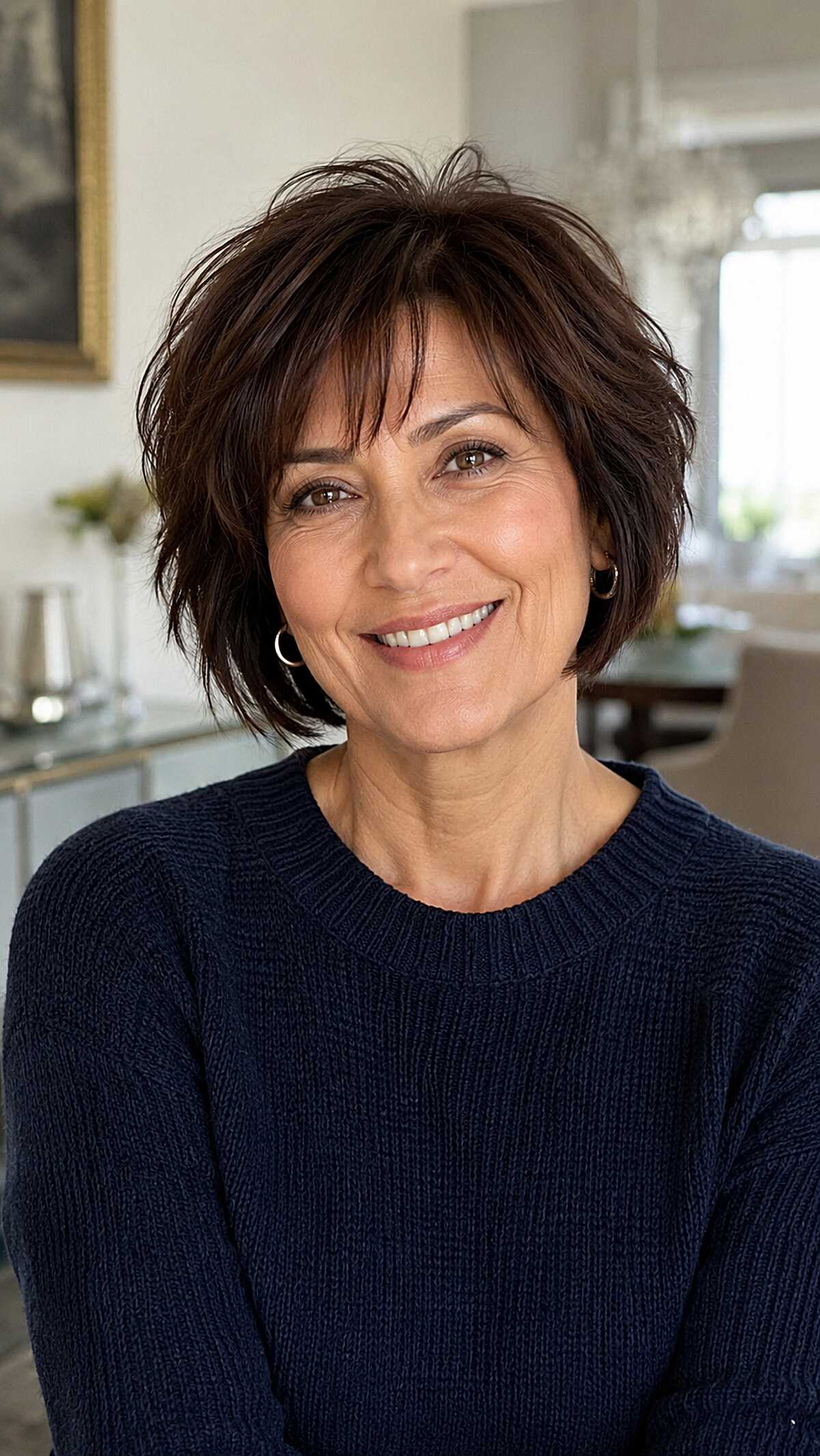 Piecey dark espresso short frayed bob with volume