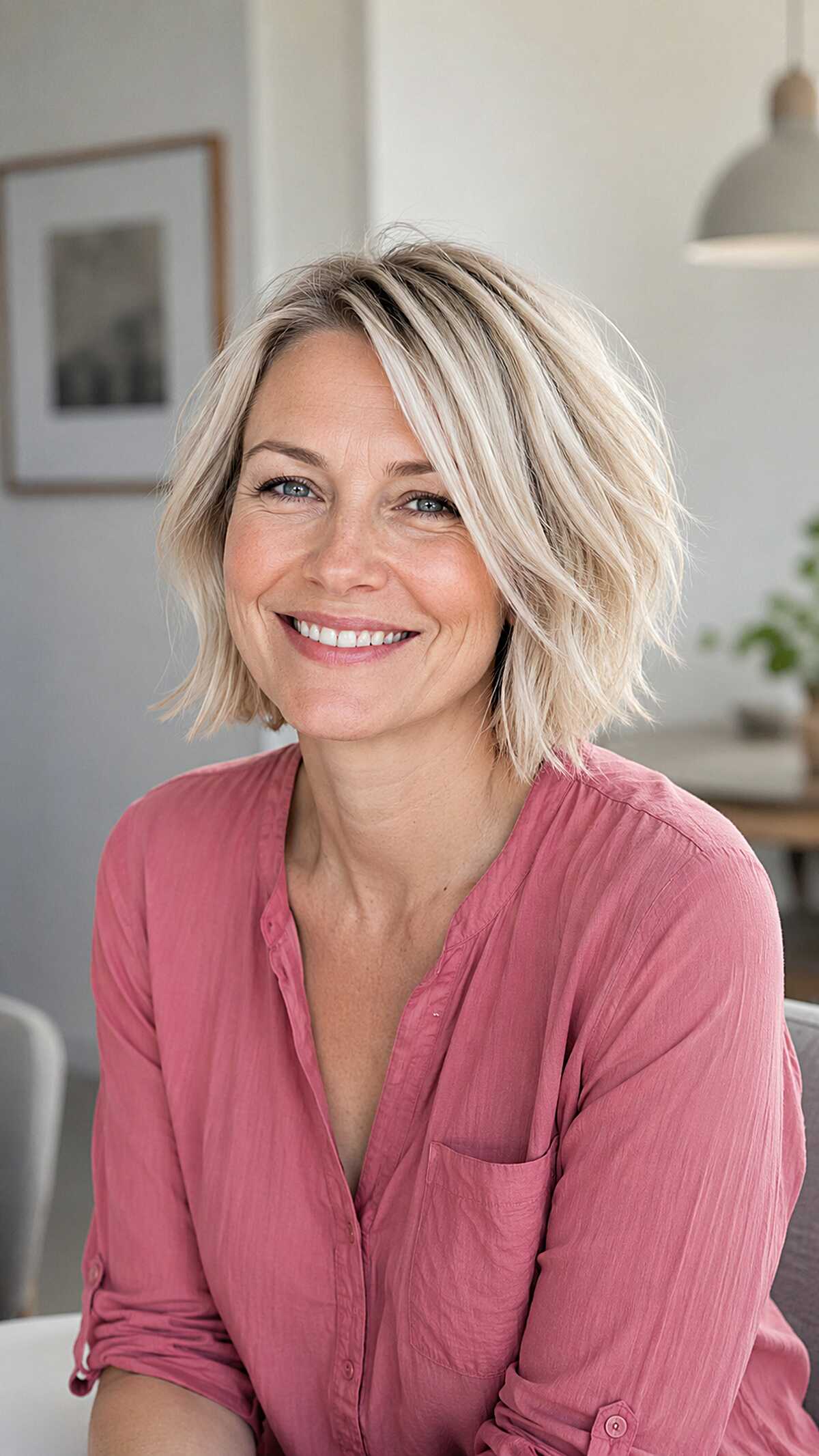 Platinum ash blonde frayed bob with grown-out roots
