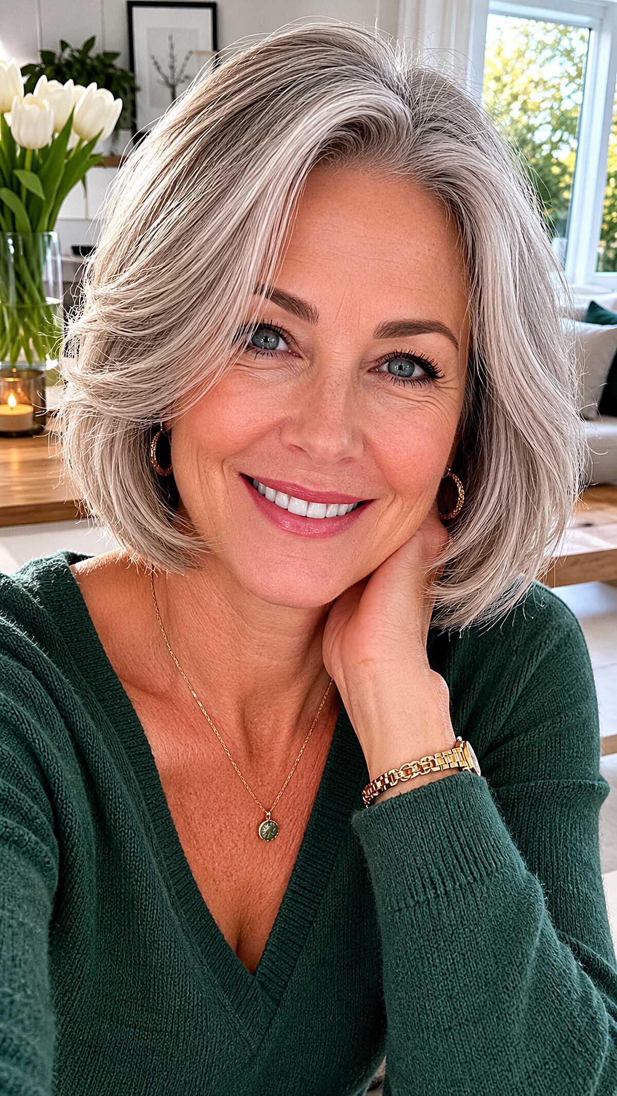 Platinum bob with swept bangs and lived-in texture