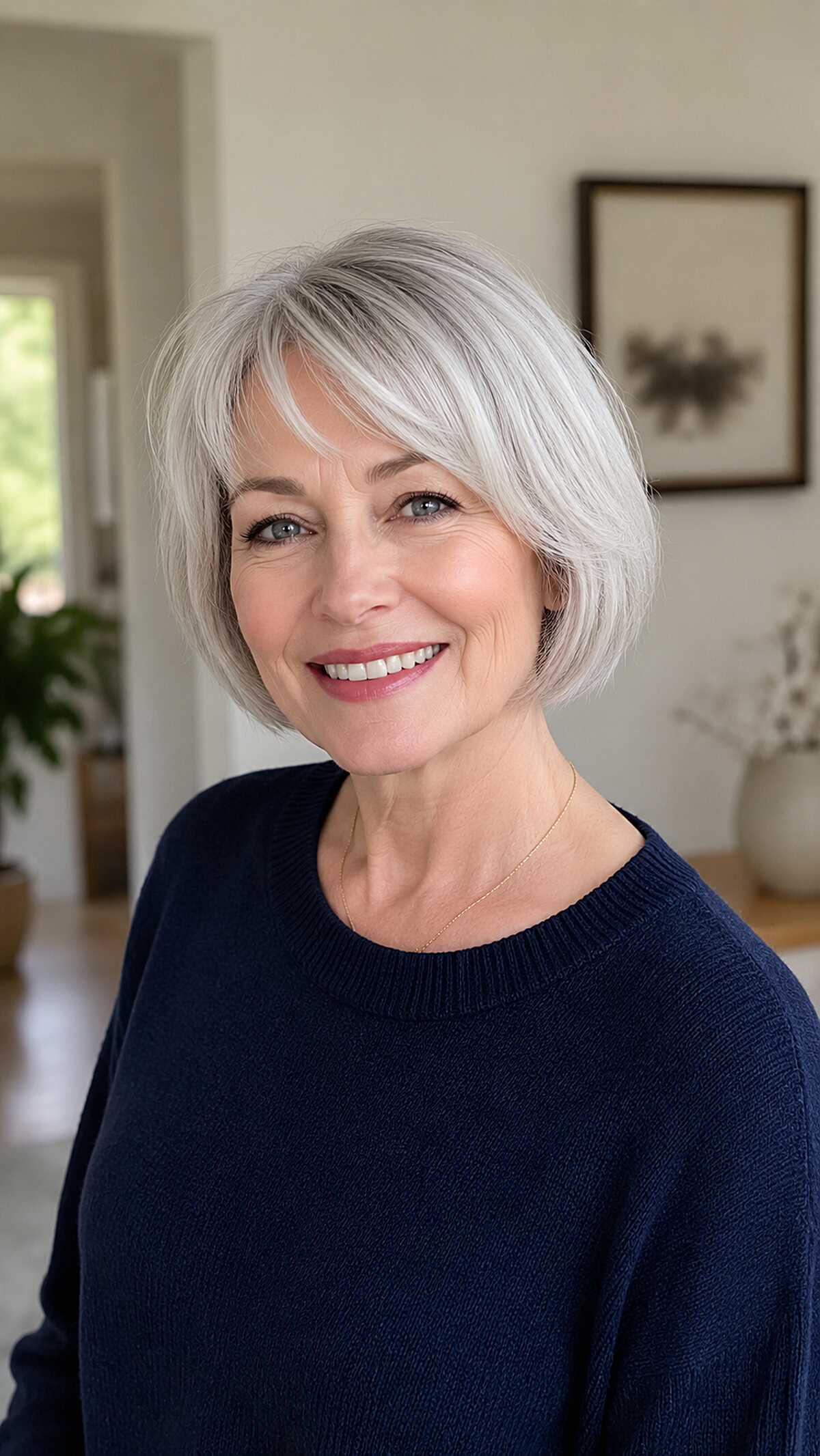 Platinum white short bob with soft wispy bangs