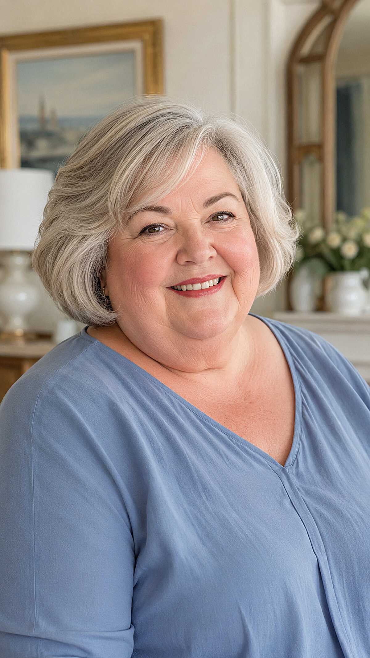 Polished chin-length gray bob with flipped ends