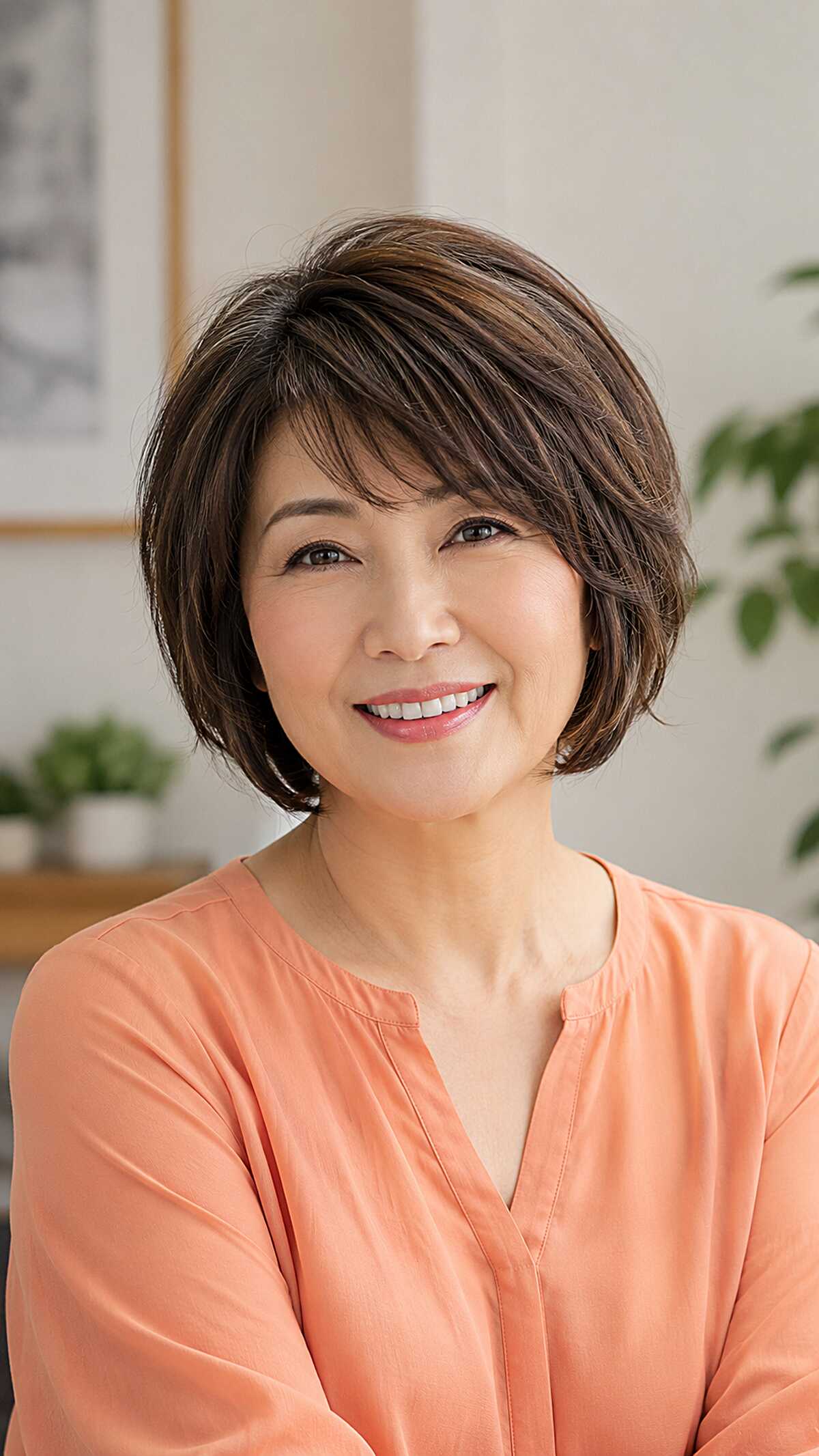 Polished short dark brown frayed bob with swept bangs