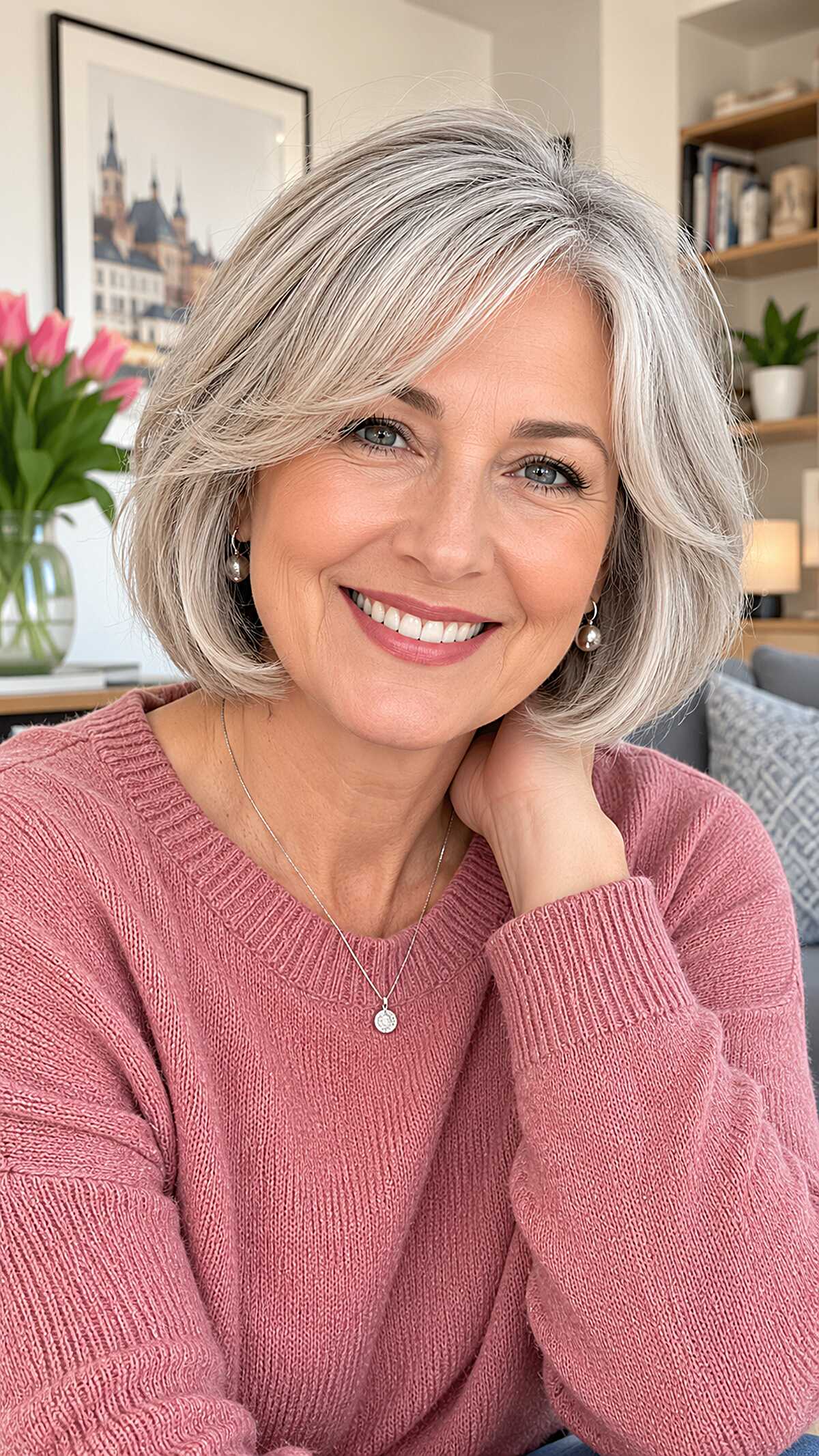 Polished silver chin bob with soft wave