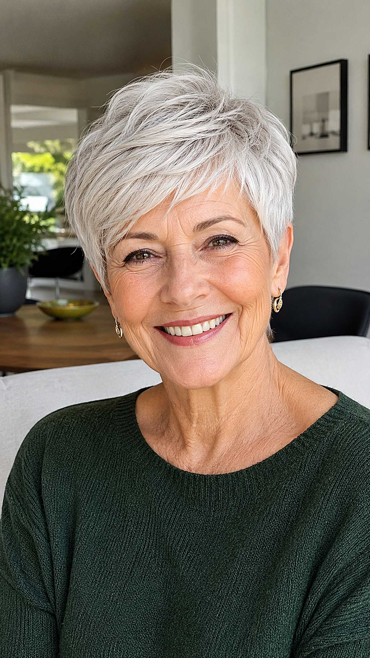 Polished silver pixie with deep side part and volume