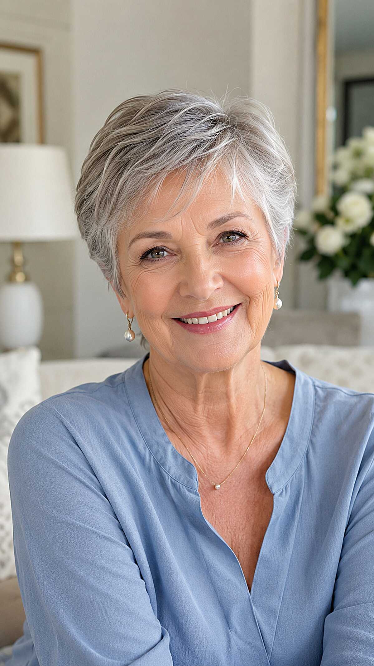 Refined short silver pixie with tapered nape