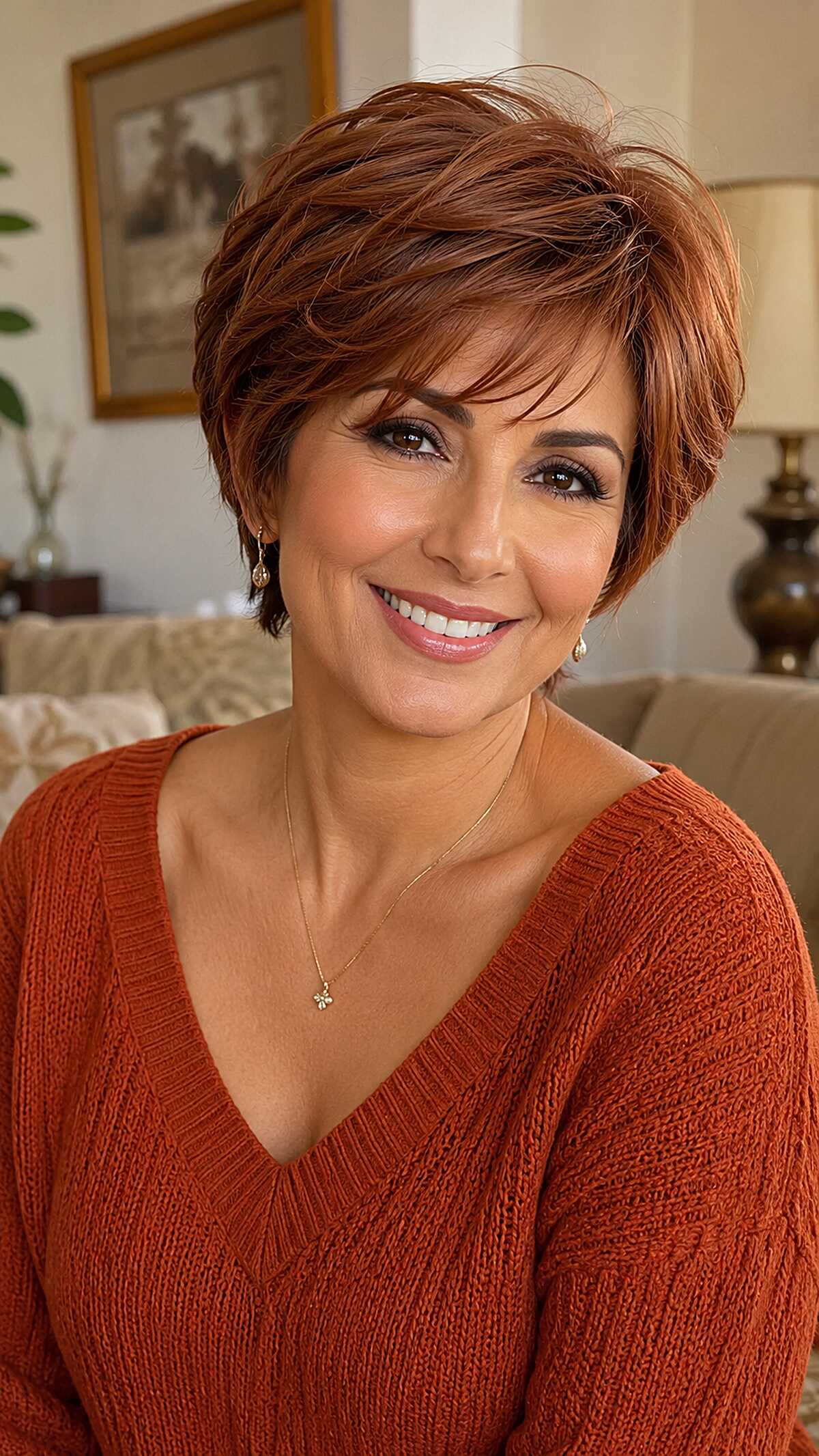 Rich Auburn Bixie with Dramatic Swept Back Layers