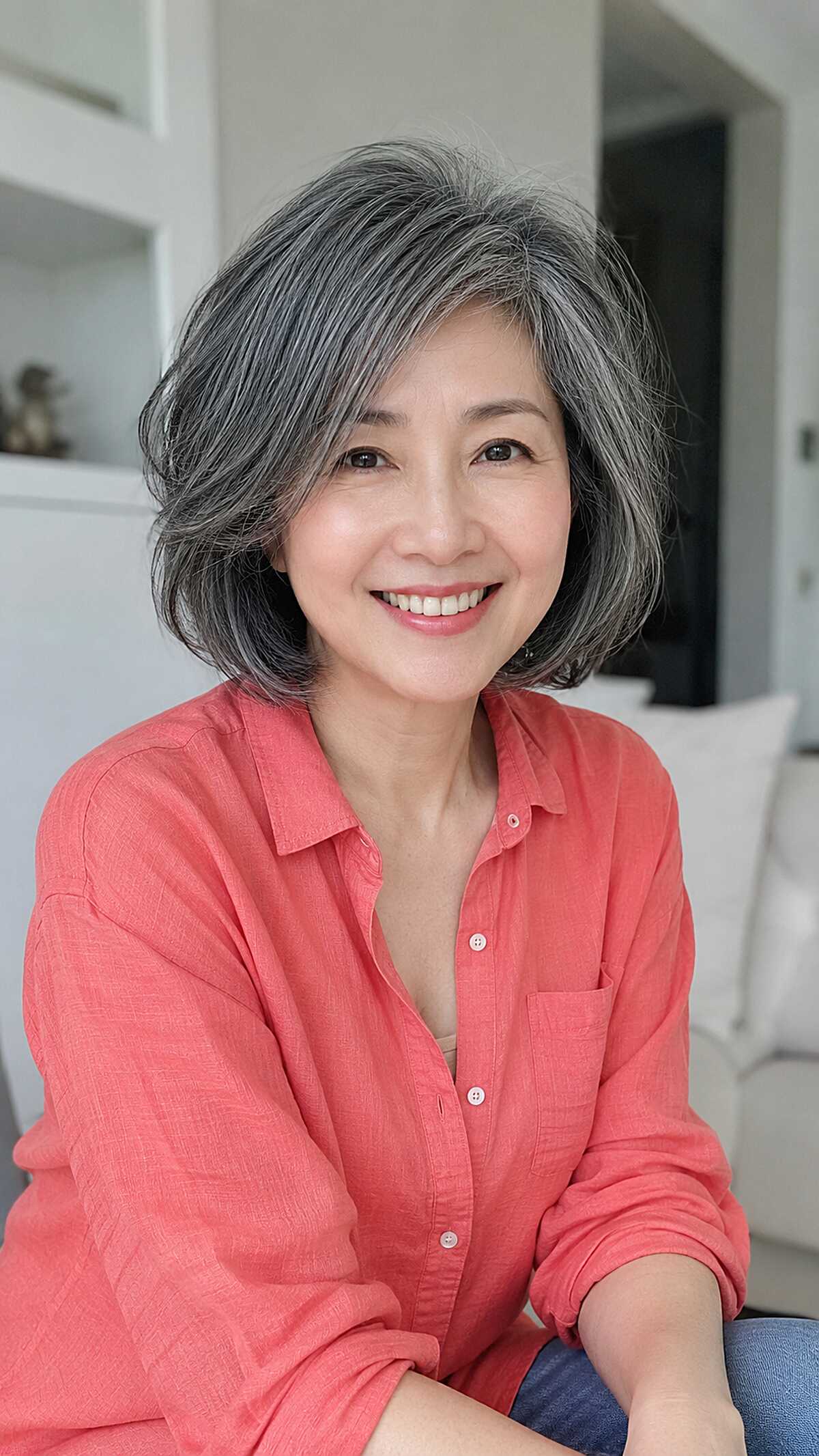 Rounded charcoal gray bob with soft curled ends