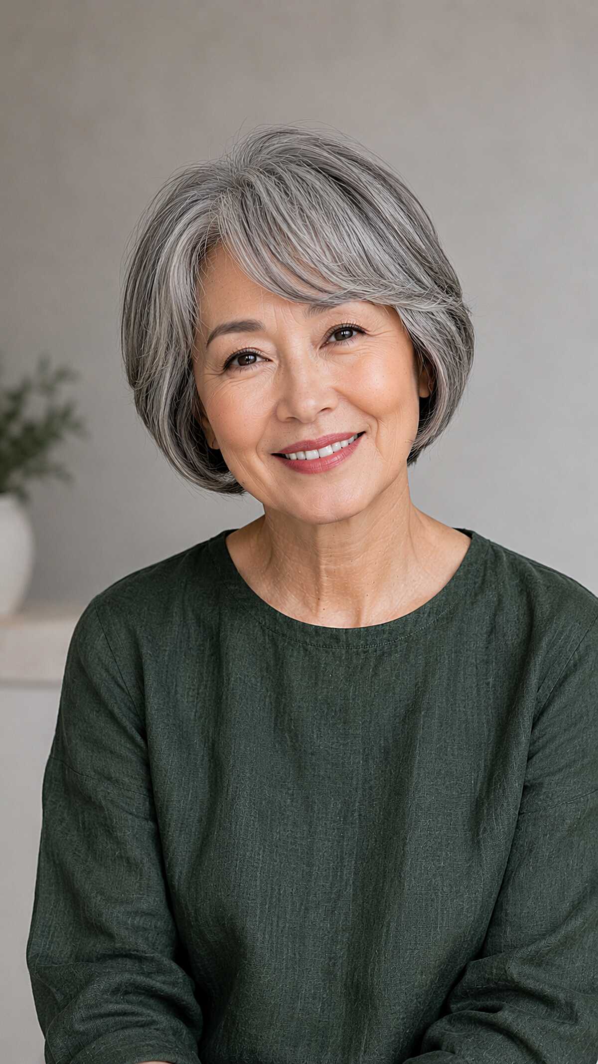 Rounded Chin-Length Bob with Sweeping Silver Blend