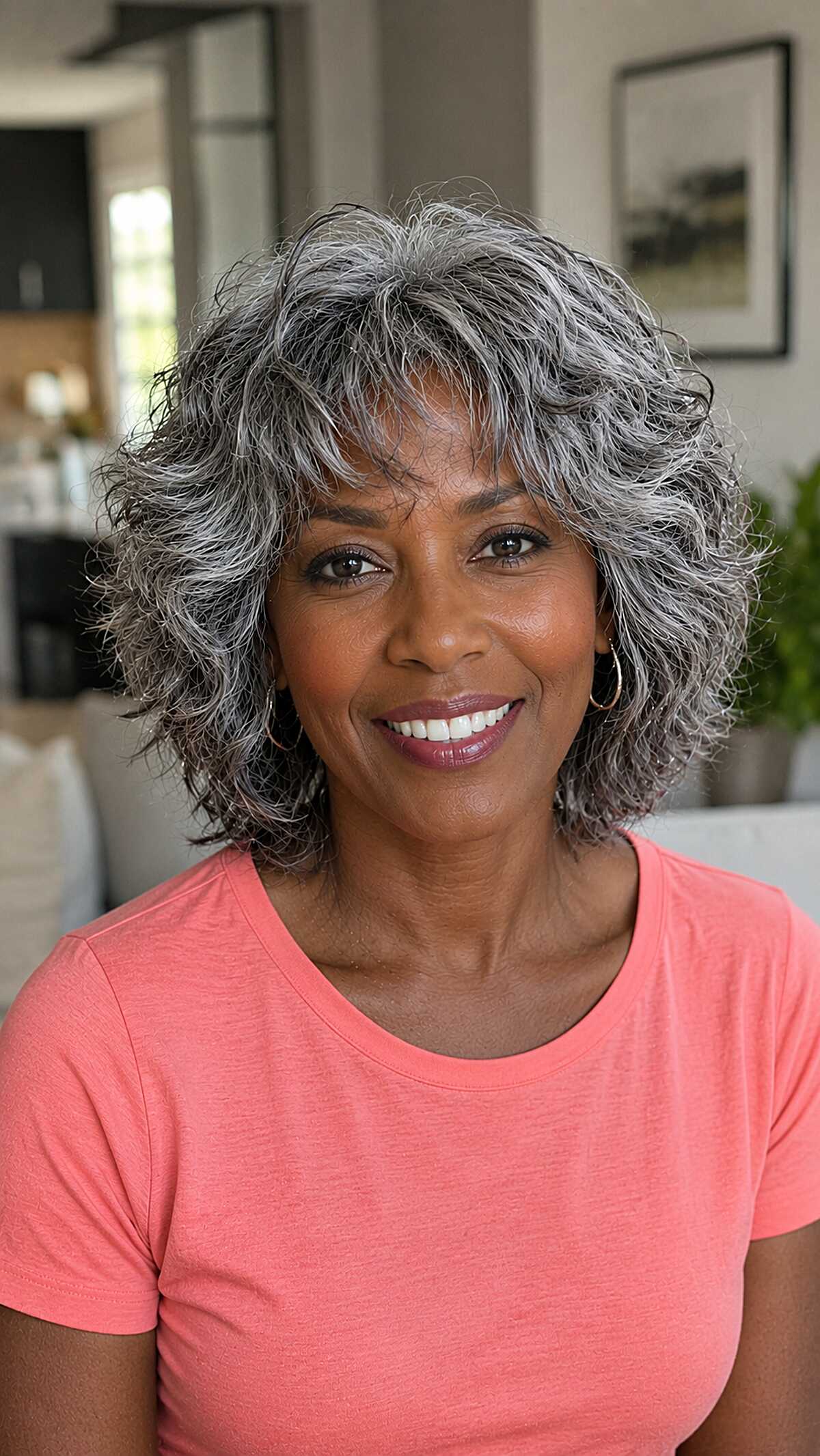 Salt and Pepper Curly Shag with Textured Bangs