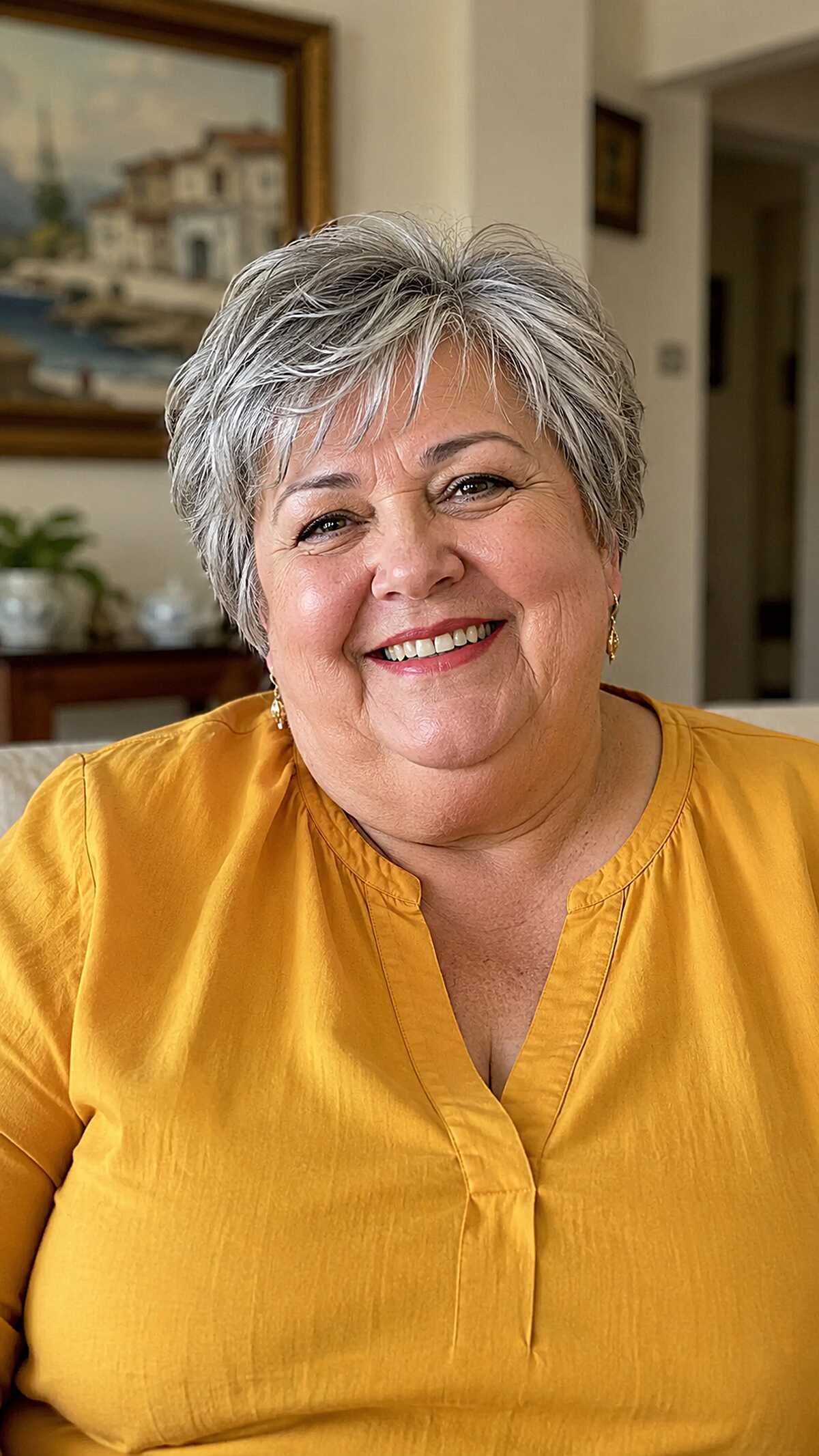Salt-and-pepper short pixie with forward-swept fringe